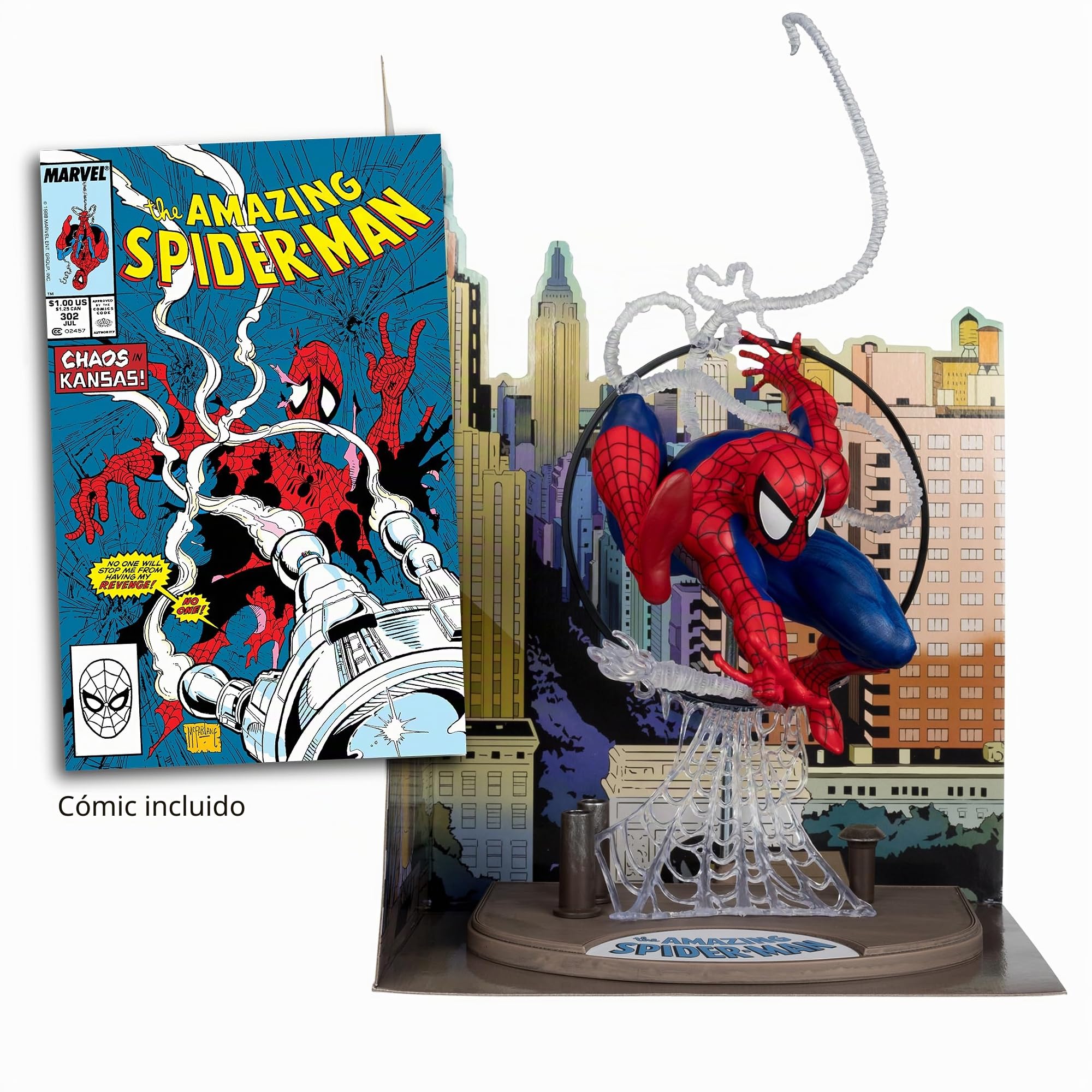 McFarlane Marvel Spider-Man Figura Posada a Escala 1:6 con Escena y cómic (basado en The Amazing Spider-Man #301) Juguetes | Escena de telón de fondo, cómic