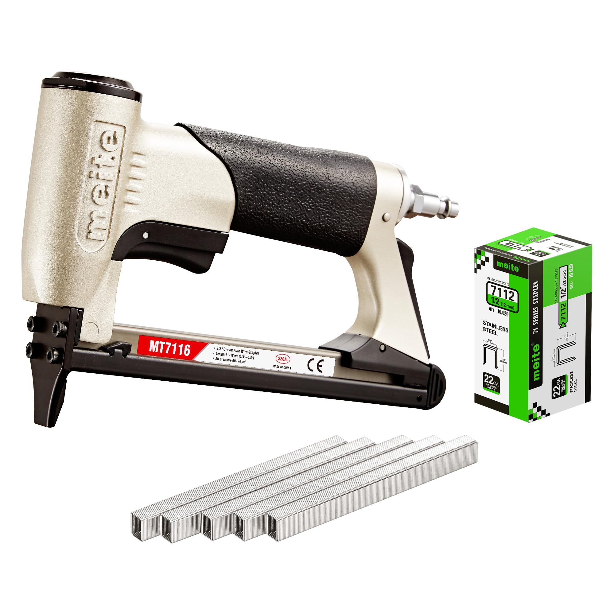 Meite MT7116 Drucklufttacker 71, mit 10020 Stk. Edelstahl 22Ga 12mm Tackerklammern Typ 71, Geeignet für 6-16 mm Klammern, 9 mm Krone, Industrieller Feiner Drahthefter