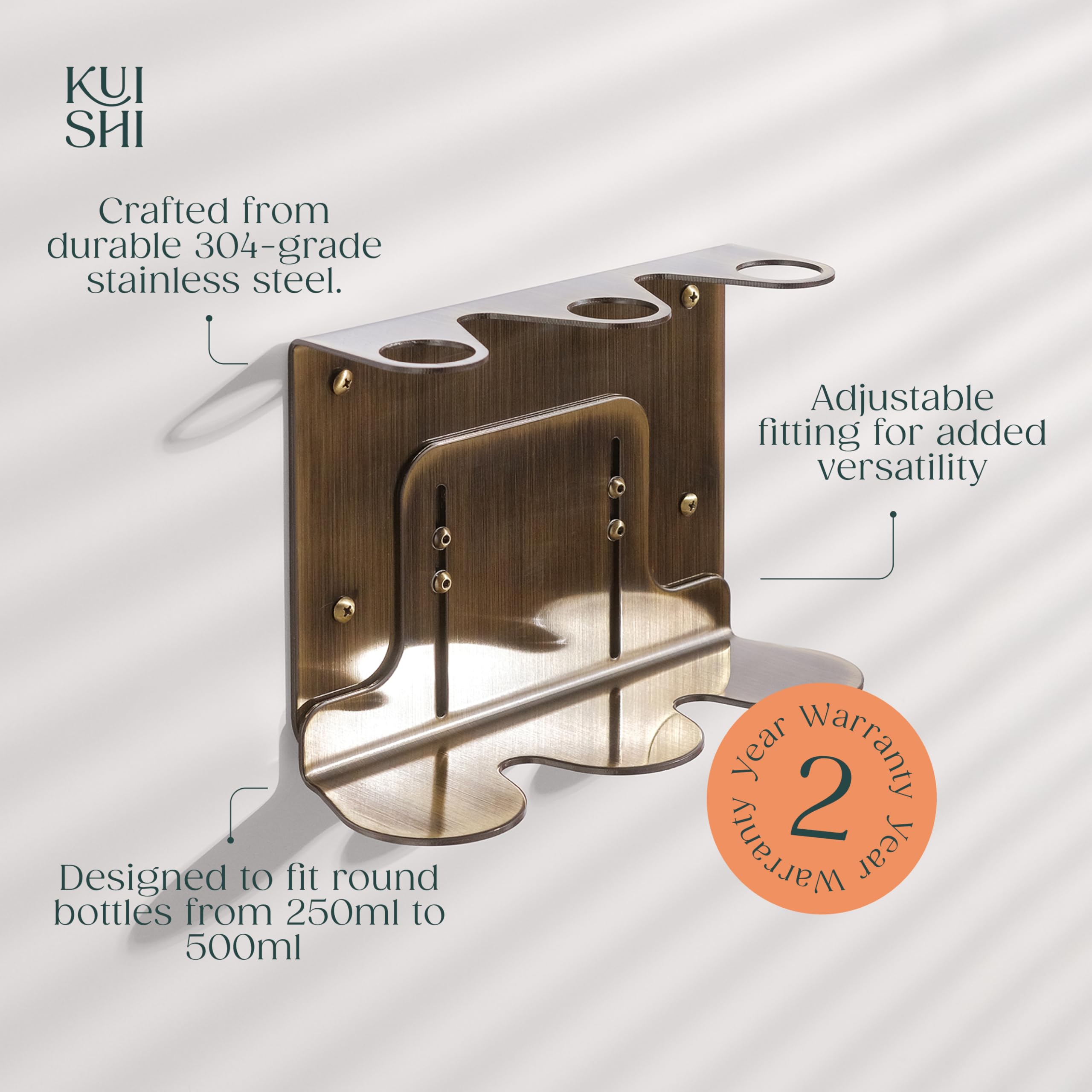 Kuishi Wall-Mounted Brushed Gold Soap Dispenser Bracket, 250-300 ML Soap Bottle Holder, Triple Brass Coloured Mounted Wall Soap Dispenser, Resistant to Corrosion and Markings, Bottles Not Included