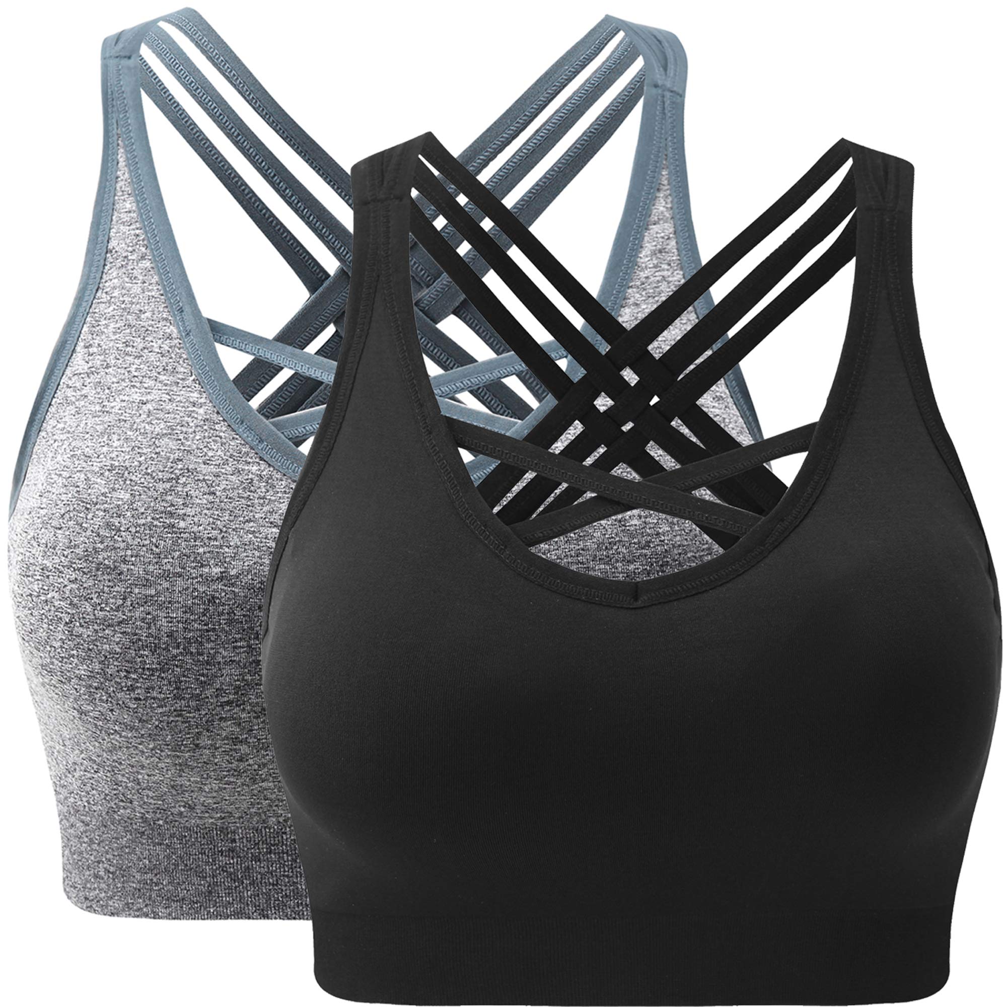 ANGOOL Padded Sports Bra Wirefree Mid Impact Yoga Bras Unique Cross Back Strappy for Gym Yoga
