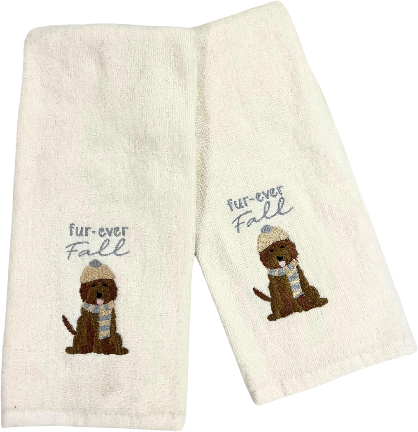 Serafina Home Fall Dog Hand Guest Towels for Bathroom: Cream Ivory Embroidered Dog Fall Fur-Ever Design, 2 Pc Set, 100% Cotton