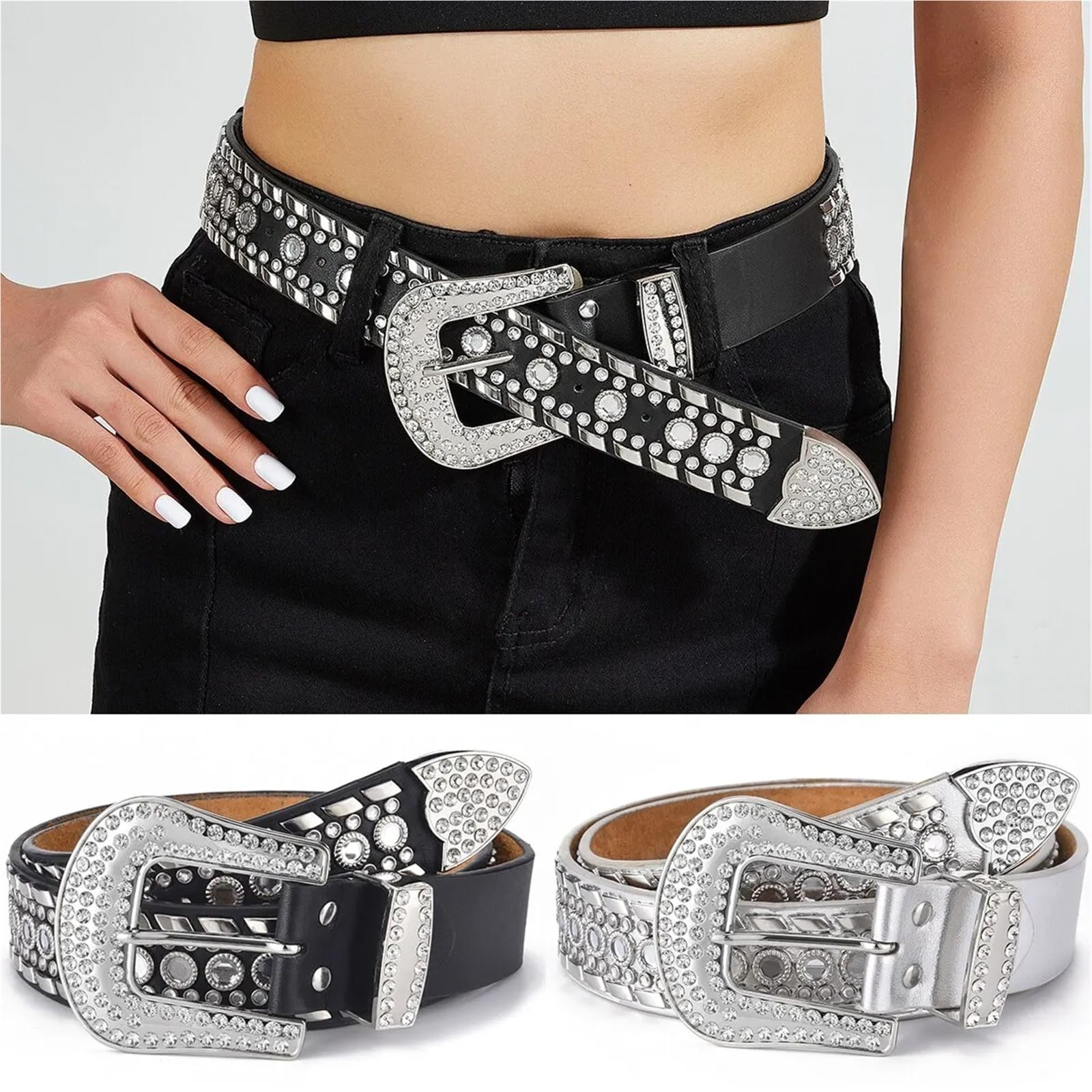 Cinturones Mujer Vaqueros de mujer con diamantes de imitación, cintura grande, diseño de remache brillante occidental, cuero de PU, juego de palabras de Hip Hop artificial