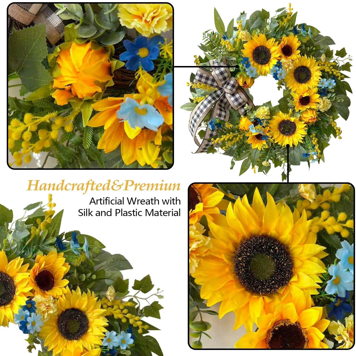 WANNA-CUL 24 Inch Spring Wreaths for Front Door with Yellow Sunflowers,Summer Door Wreaths with Daisy and Linen Ribbon,Valentines Day Wreath,Mothers Day Wreath for Wall or Home Decoration