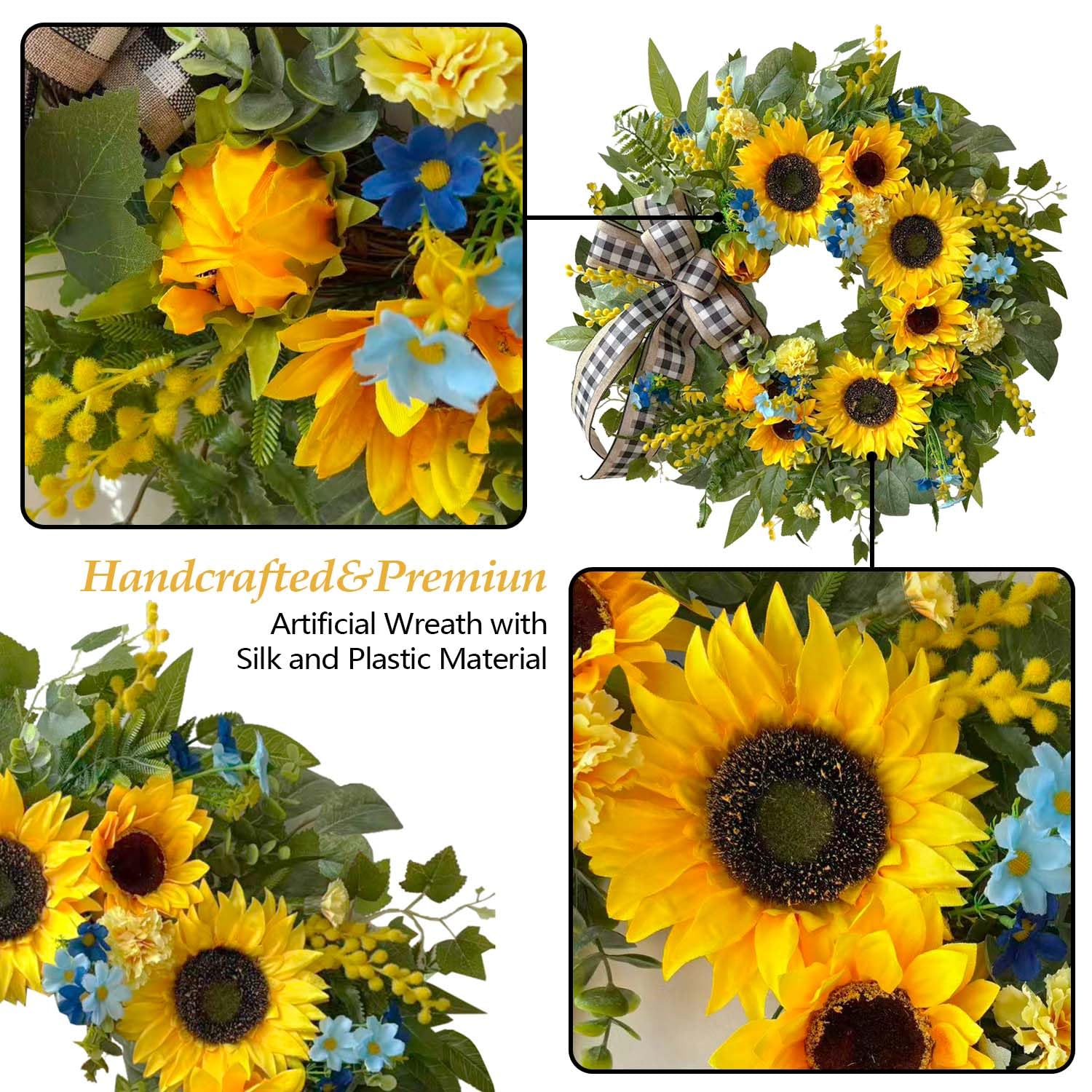 WANNA-CUL Couronne de tournesol artificiel de 45,7 cm pour porte d'entrée, décoration florale jaune avec marguerite, feuilles vertes et ruban en lin pour mur ou décoration de la maison
