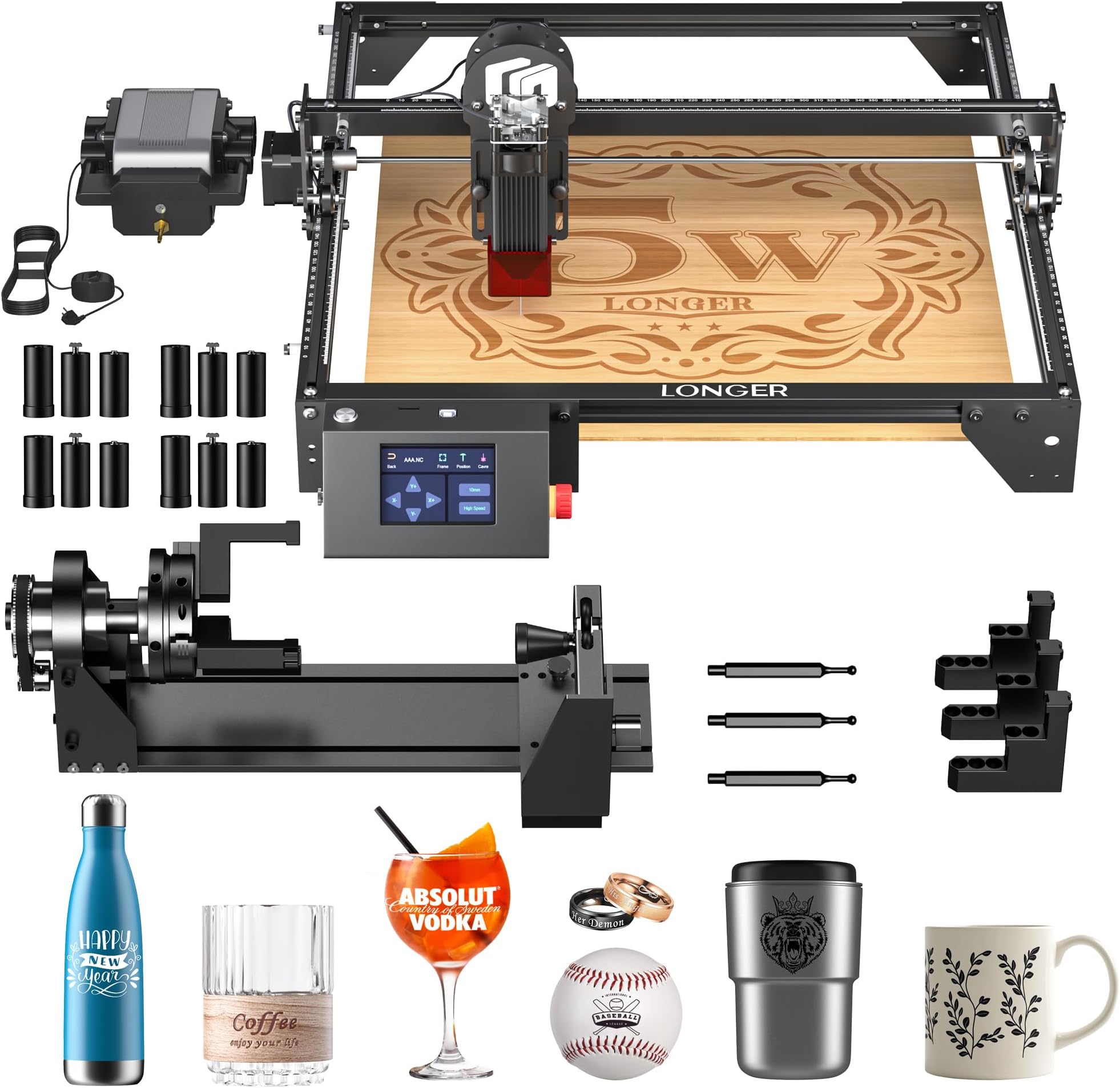 Laser Engraver Ray5 5000mW Engraver Machine with Air Assist Kit DIY CNC Laser Cutter Tool for Metal Glass Wood Working Area 15.7 "x15.7" with 4-in-1 Rotary Roller Kit
