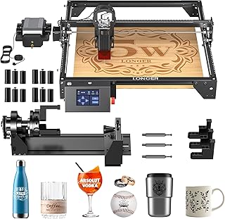 LONGER Laser Engraver Ray5 5000mW Engraver Machine with Air Assist Kit DIY CNC Laser Cutter Tool for Metal Glass Wood Working Area 15.7 "x15.7" with 4-in-1 Rotary Roller Kit