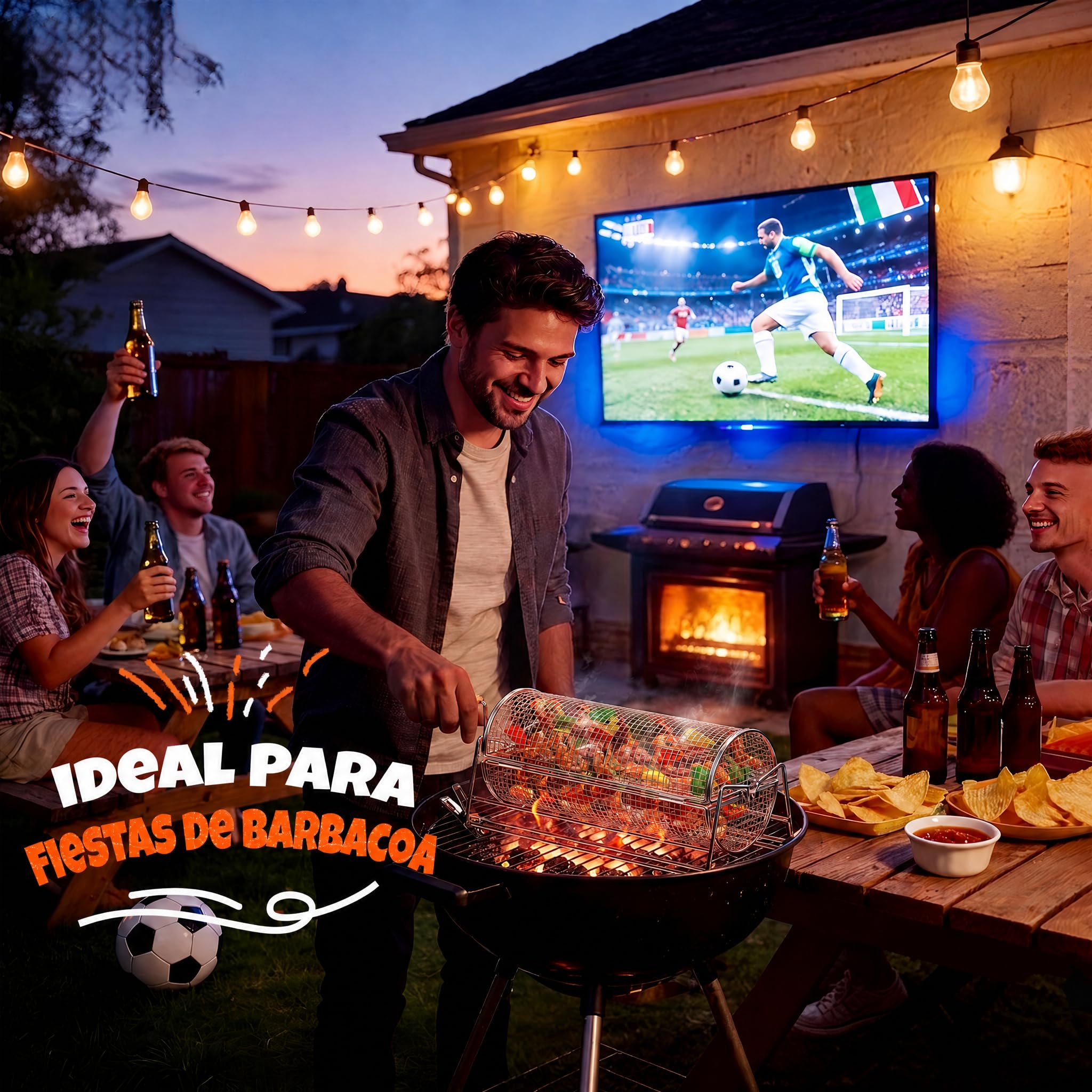 2-en-1 Cesta de Parrilla Rodadiza Rotativa, Acero Inoxidable 304 con Dobles Mangos de Manivela y Recto, Accesorios Barbacoa para Verduras Camarones, Regalo Idea Hombre Papá Esposo Cumpleaños
