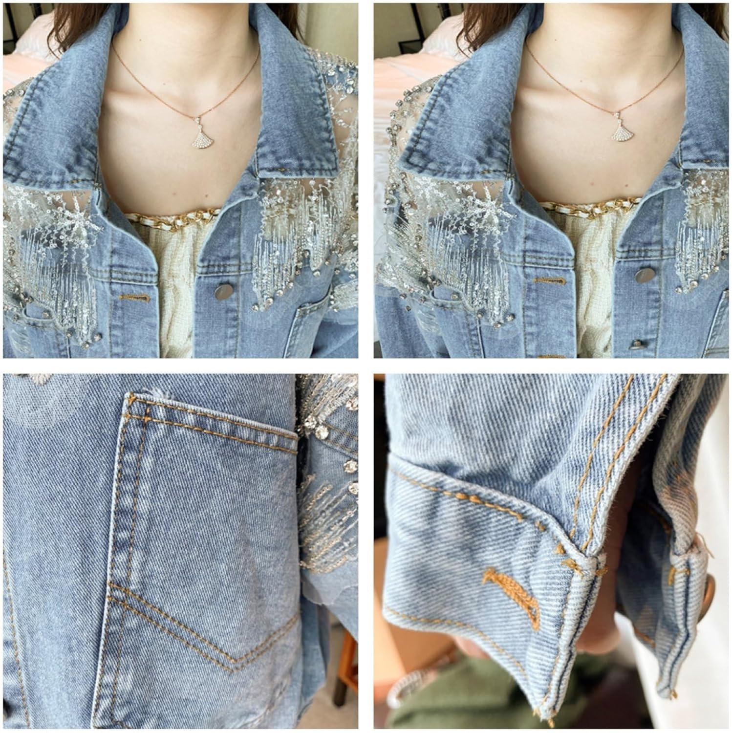 Women's Long Sleeve Lace Patchwork Denim Jacket with Glitter Sequin & Rhinestone, Button Down Jean Cropped Coat