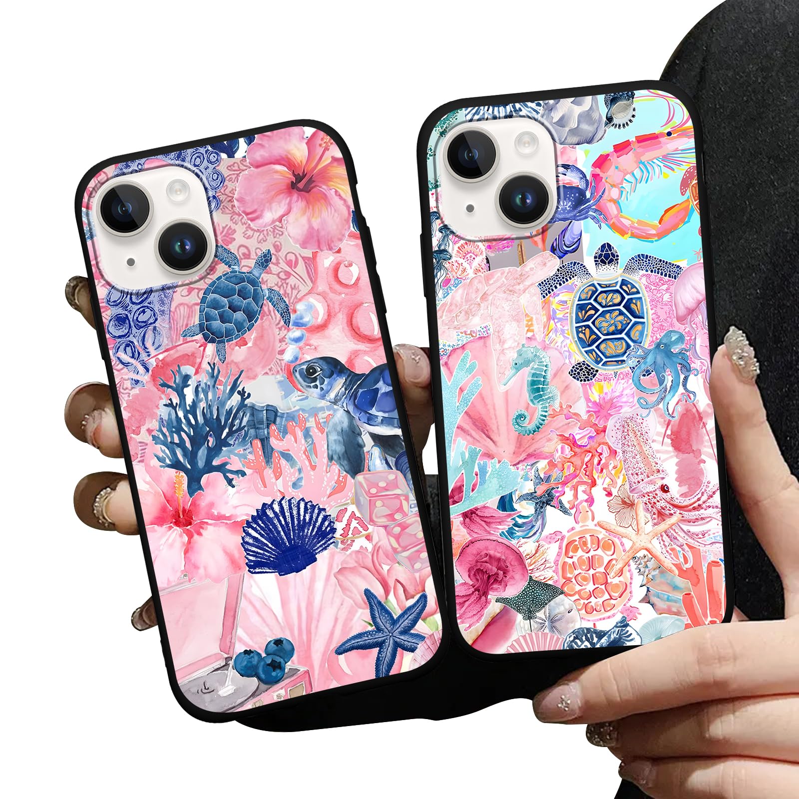 Zrutru 2 Pack Summer Preppy Phone Cases for iPhone 14/iPhone 13 Turtle Sea Shell Phone Case for Girls, Slim Soft Silicone Shockproof Anti Raised