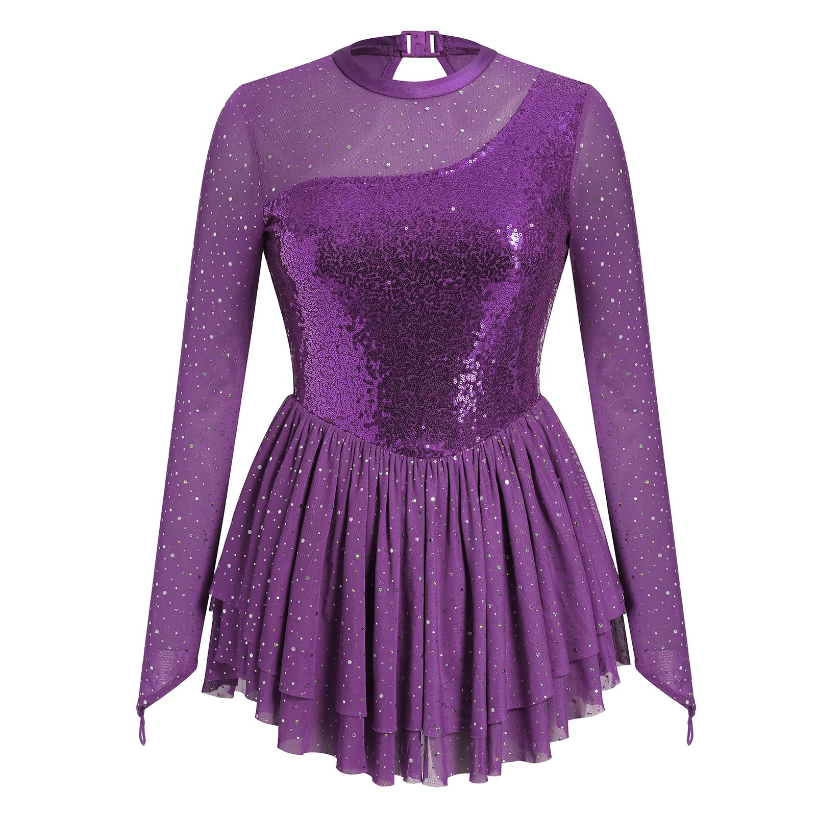 FYMNSI Vestido de patinaje artístico para mujer, lentejuelas, manga larga, ballet, gimnasia, leotardo, danza, tallas XS-XL