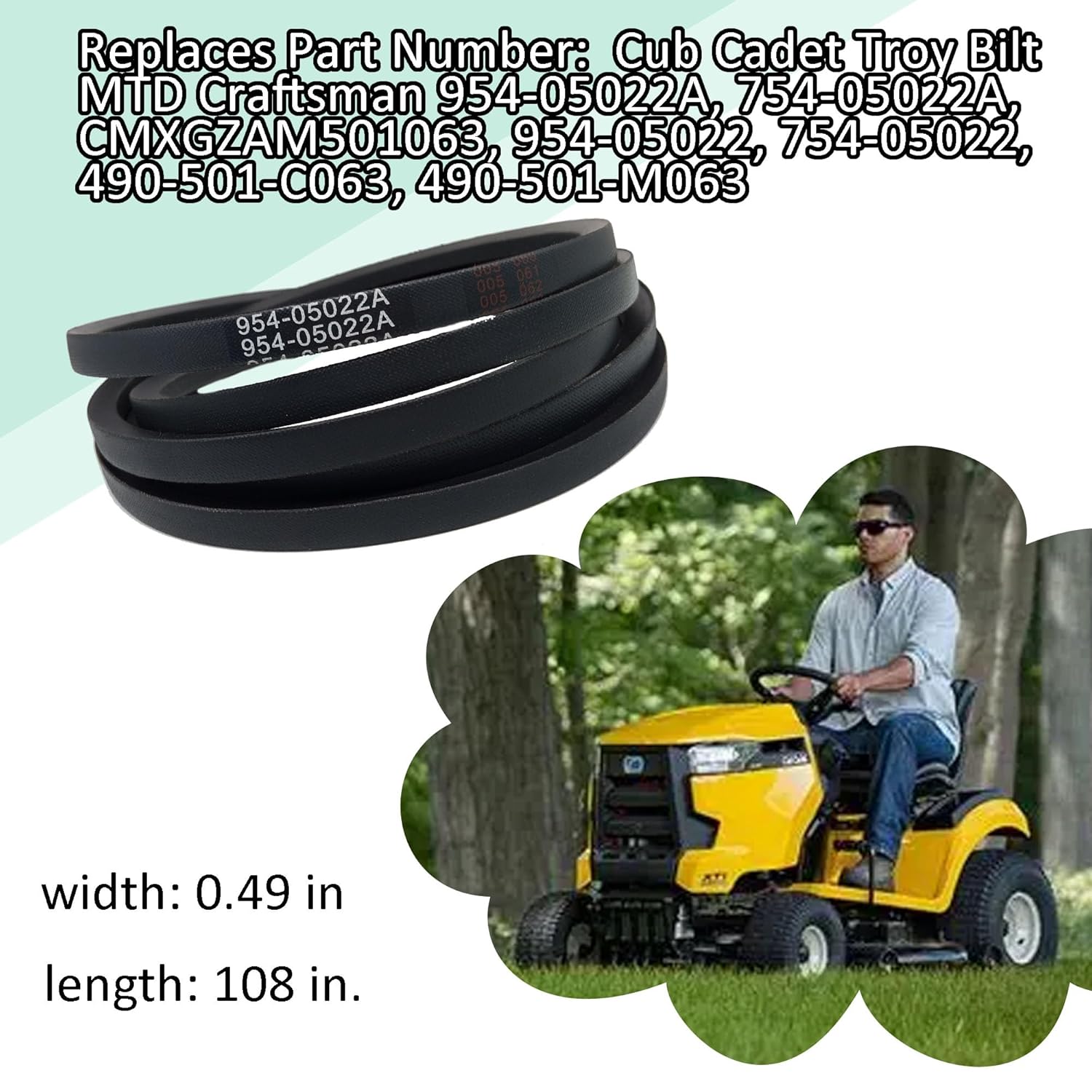 954-05022A Mower Deck Belt for Cub Cadet XT1 LT46 XT2 Replacement -1/2" x 108" Aramid Cord Drive Belt 954-05022 for Craftsman T240 MTD Troy Bilt CMXGZAM501063 490-501-C063 490-501-M063