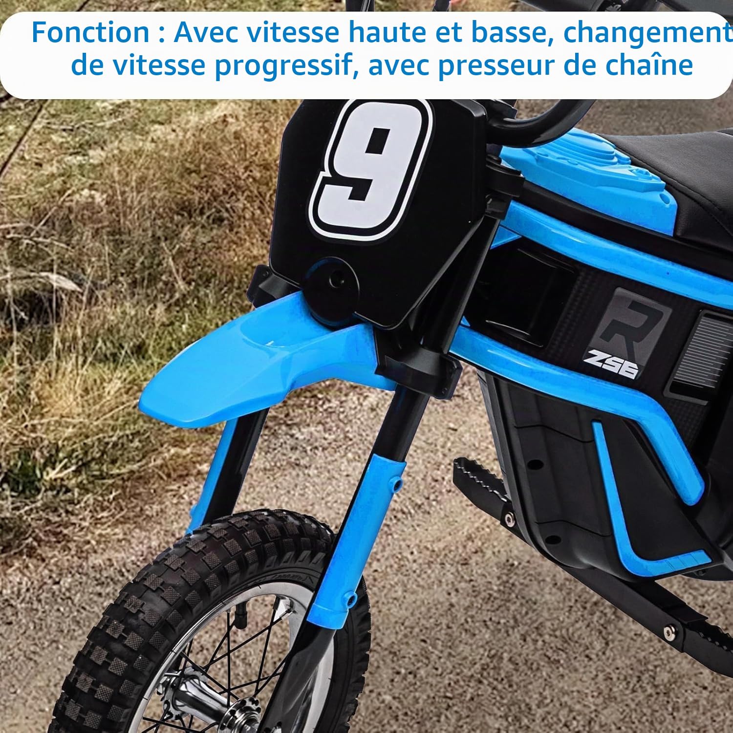 Garvee Moto Électrique Enfants 12V avec Double Batterie et Moteur 250W | Motocross Électrique avec Amortisseur, Roues Résistantes, Vitesse 10-23 km/h, Charge 65 kg, pour Enfants 13+ Ans, Bleu