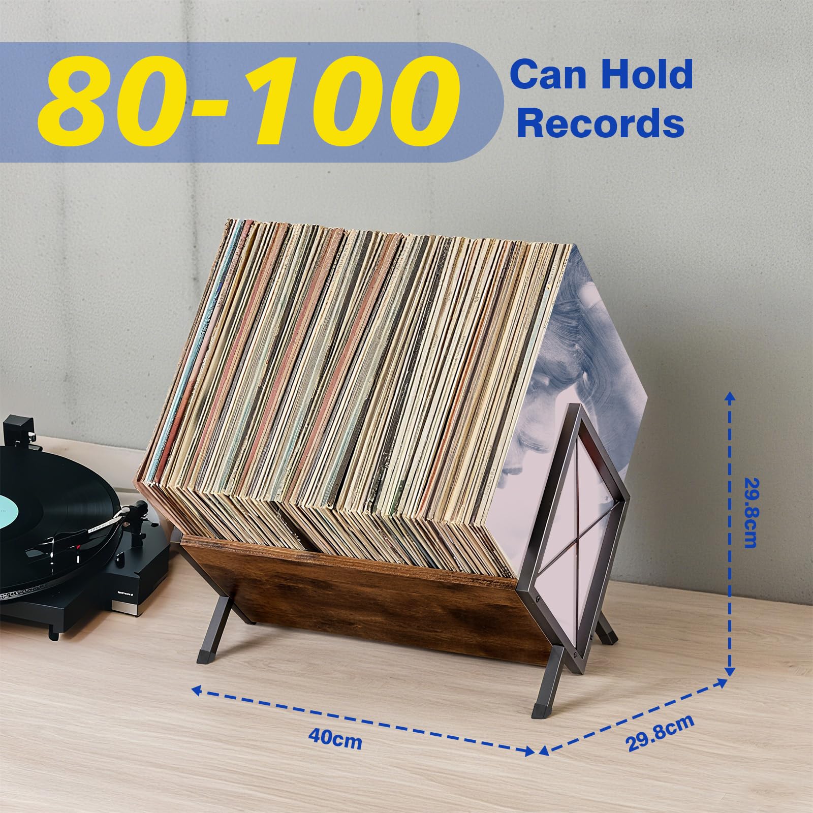 Support Pour Disques Vinyles, 80 à 100 Vinyles, 40 x 30 x 30 cm, étagère à 1 Niveau Avec Pince De Séparation Antidérapante, Organiseur Pour CD, Albums, Magazines Et Livres