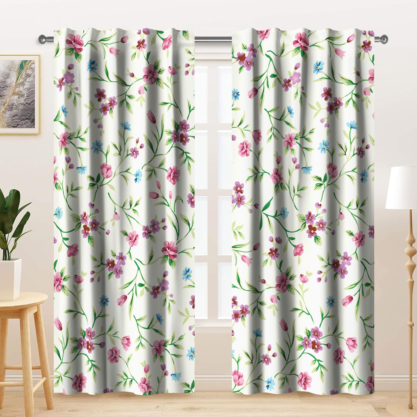 Kzzfqxb 2 Paneele 117x183cm Blumenvorhänge, rot-Blaue Blumen kleine Physalis Gänseblümchen grüne Blätter für Mädchenschlafzimmer, Wohnzimmer, schöne hübsche Dekoration