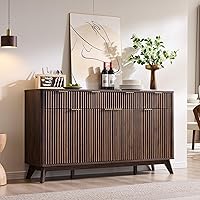 T4TREAM 60" Fluted Buffet Sideboard with 3 Drawers & 4 Doors - Modern Storage Cabinet for Dining Room, Living Room, Hallway (Dark Walnut)