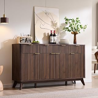T4TREAM 60" Fluted Buffet Sideboard with 3 Drawers & 4 Doors - Modern Storage Cabinet for Dining Room, Living Room, Hallway (Dark Walnut)