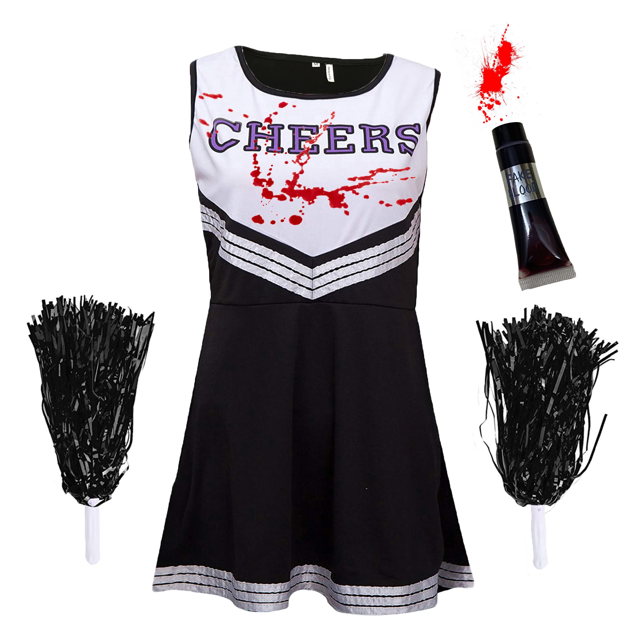 Zombie Cheerleader Halloween Costume for Women - Dead Cheerleader with Blood Tube, Black & White, Medium