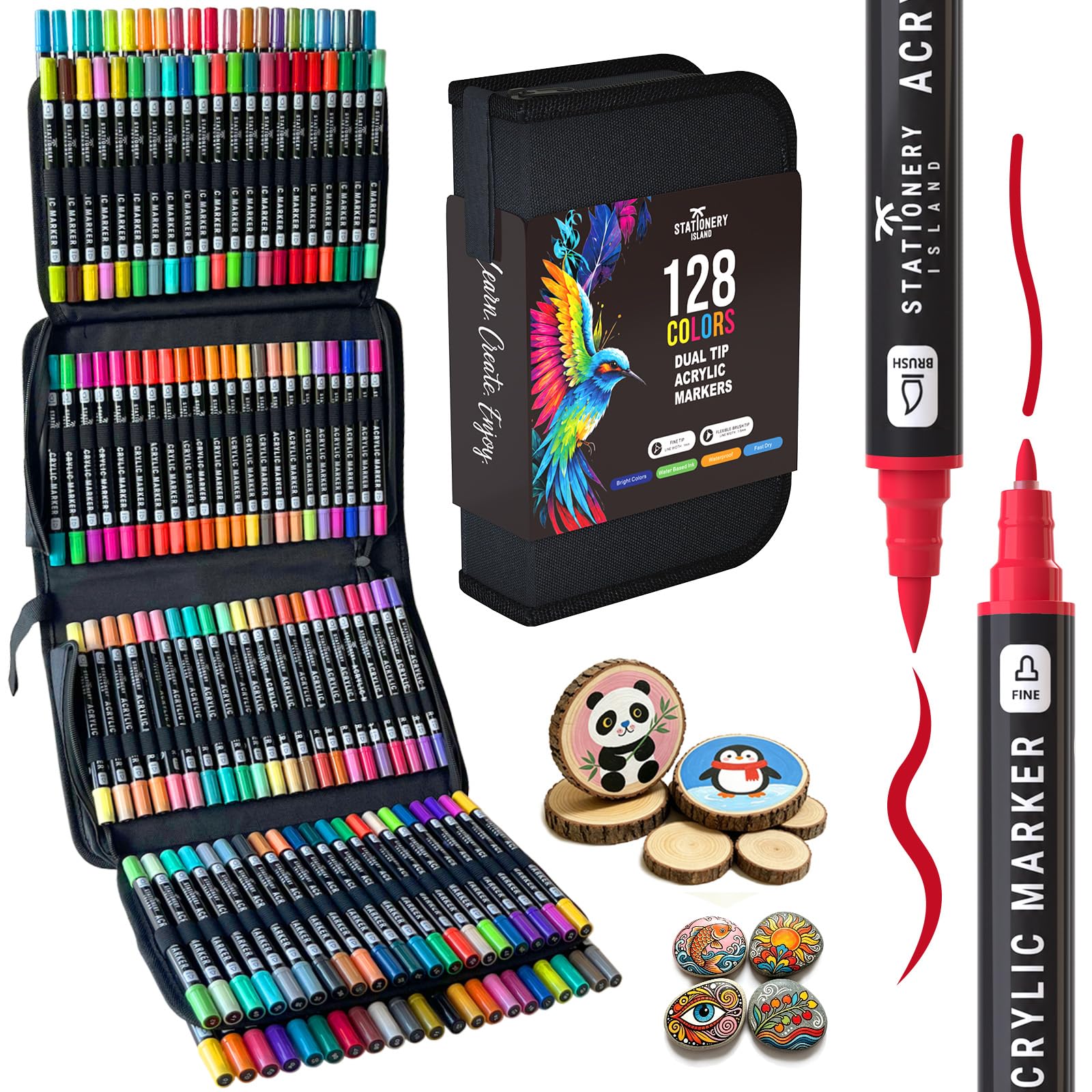 STATIONERY ISLAND Permanent Acrylic Paint Pens 128 Colours – Dual Tip Markers for Rock, Pumpkin, Stone, Glass, Ceramic, Wood & Fabric – Fine & Brush Tip Water Based Paint Pens for Halloween Crafts