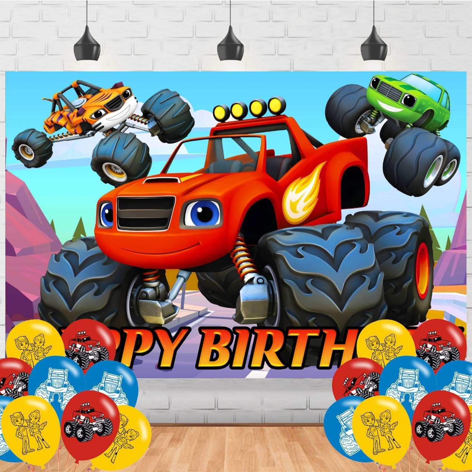 Blaze and The Monster Backdrop Birthday Banner for Blaze and The Monster Birthday Party Supplies Monster Car Photograph Background Photo Booth 5x3ft
