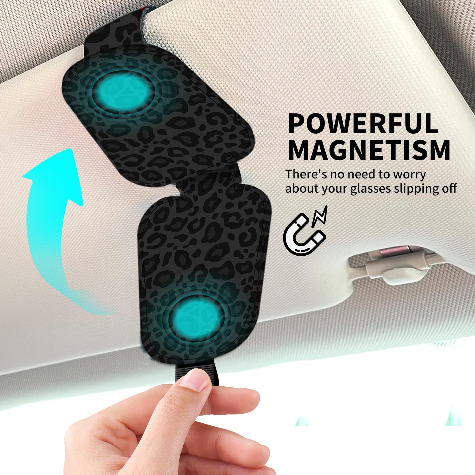 Porta occhiali da sole magnetico in pelle per visiera parasole auto, grazioso gancio per occhiali, biglietti, biglietti, accessori universali per interni auto, per SUV, pickup, camion, nero