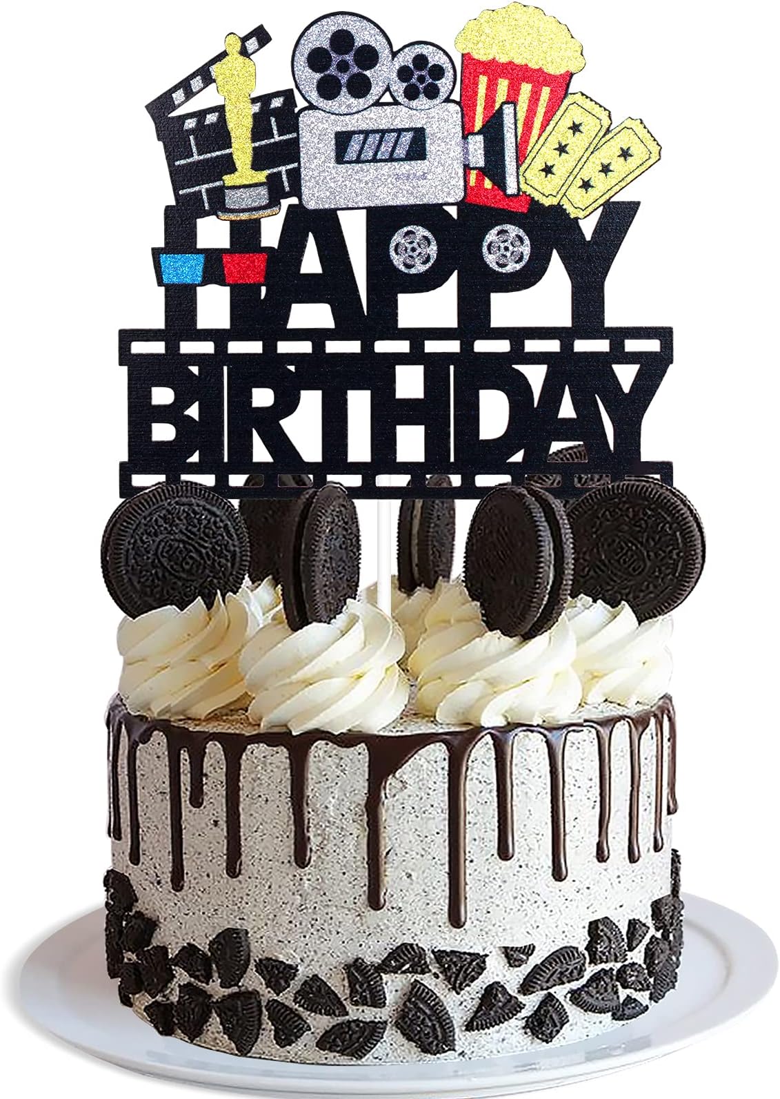 Movie Time Happy Birthday Cake Topper - Hollywood Night Glitter Gold Statuette Cake Topper - Film Video Birthday Party Decorations