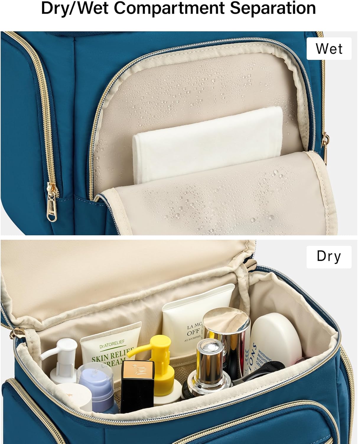 Hanke Large Toiletry Bag for Women Travel, Double Layer Organizer with Wide Opening for Full-Size Cosmetics & Toiletries, 12.2L Water-Resistant Makeup Bag,Navy Blue