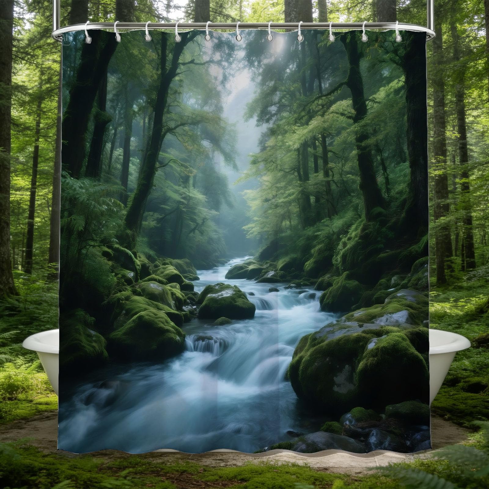 Hongduo 3D Forest Stream Shower Curtain for Stalls Bathtubs Natural Landscape Bathroom Decor Shower Curtain Set Polyester Fabric Waterproof 200x200cm/79X79 Inch with Hooks