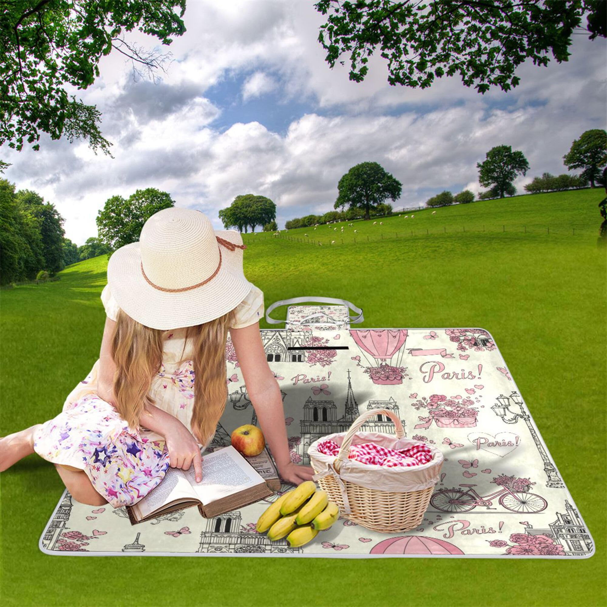 ALAZA Couverture de pique-nique rectangulaire imperméable, tour Eiffel et cœur, tapis d'intérieur pliable pour voyage, randonnée, camping, parc, 150 cm x 145 cm