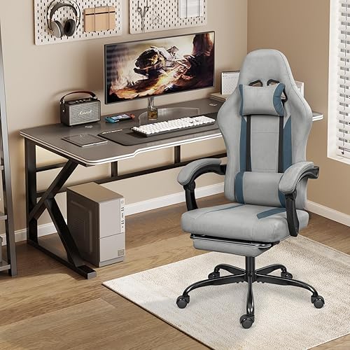 Miniatura 2 de Silla de juegos de tela transpirable con reposapiés, silla de juegos de altura ajustable, silla de videojuegos para sala de juegos, sala de estar y