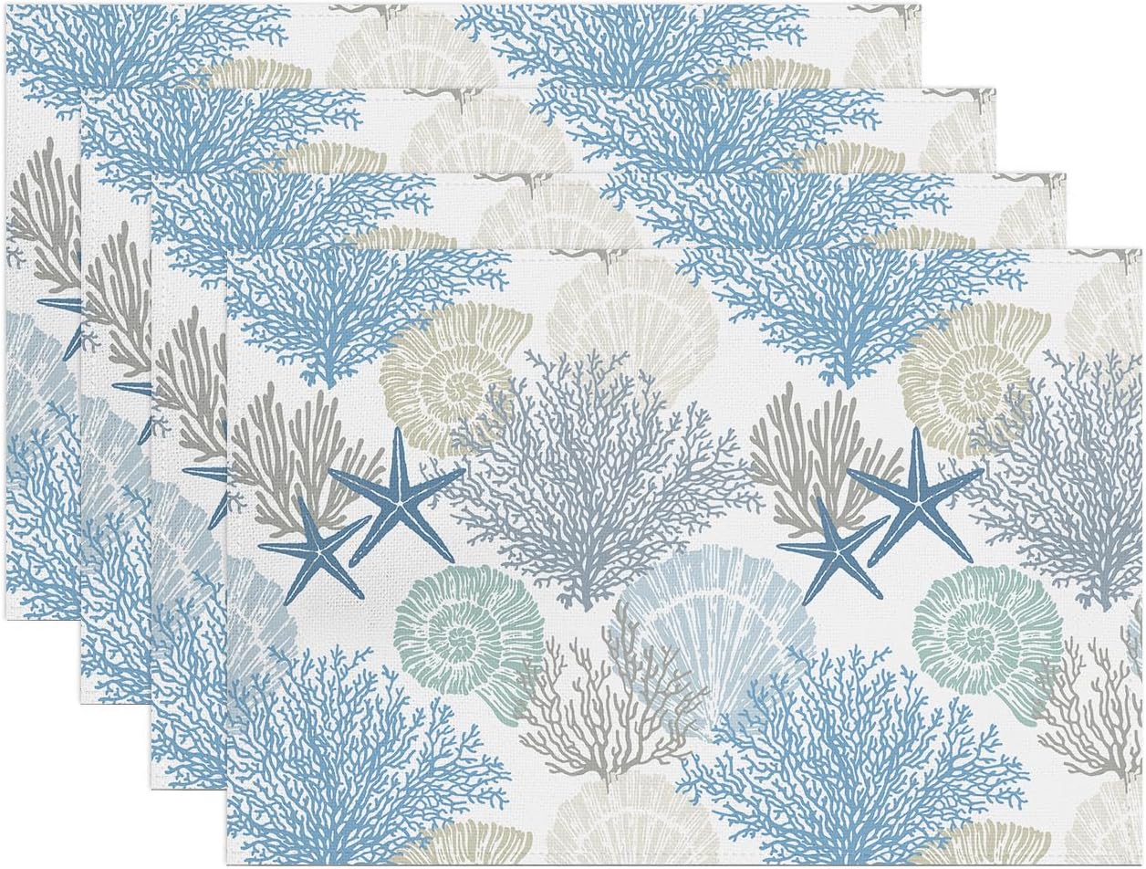 Doupoo Sea Place Mats Beach Theme, Heat Resistant Coastal Placemats for Dining Table