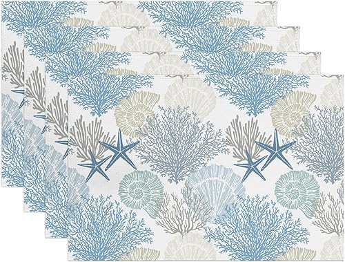 Miniatura 1 de Juego de 4 manteles individuales náuticos azules de verano, estrellas de mar, conchas marinas, coral, manteles individuales antideslizantes,