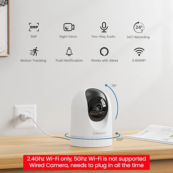 Cinnado Security Camera Indoor-2K 360° WiFi Cameras for Home Security，Pet/Dog/Baby Camera with Phone app, 2-Way Audio, Night Vision, 24/7 SD Card Storage, Works with Alexa & Google Home (2.4Ghz)-D1