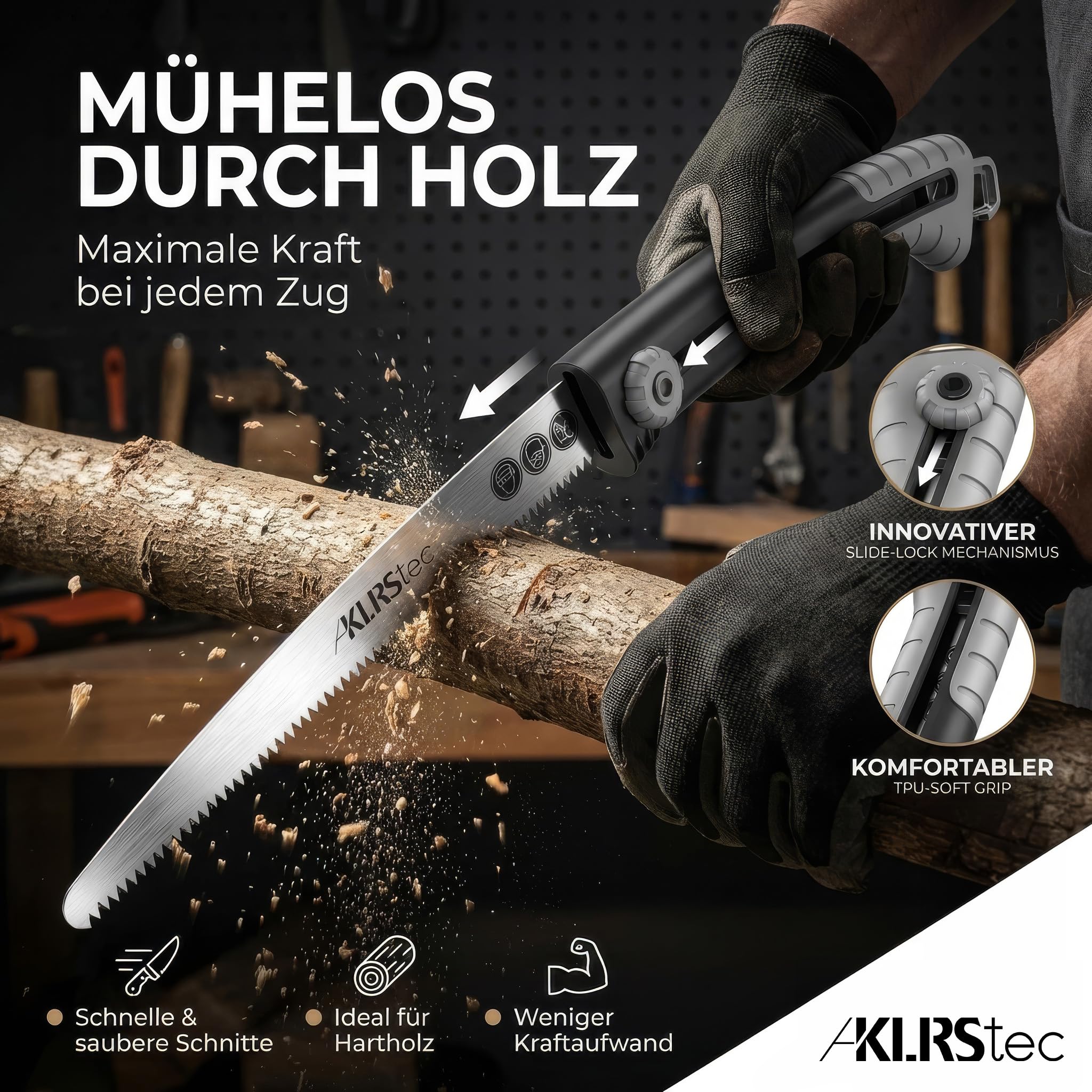 KLRStec SlidePro Astsäge [25cm Sägeblatt] Profi Handsäge mit Safety-Slide-Mechanismus aus SK5-Karbonstahl | Stabile Holzsäge, Gartensäge, Baumsäge & Outdoor Säge inkl. Tasche