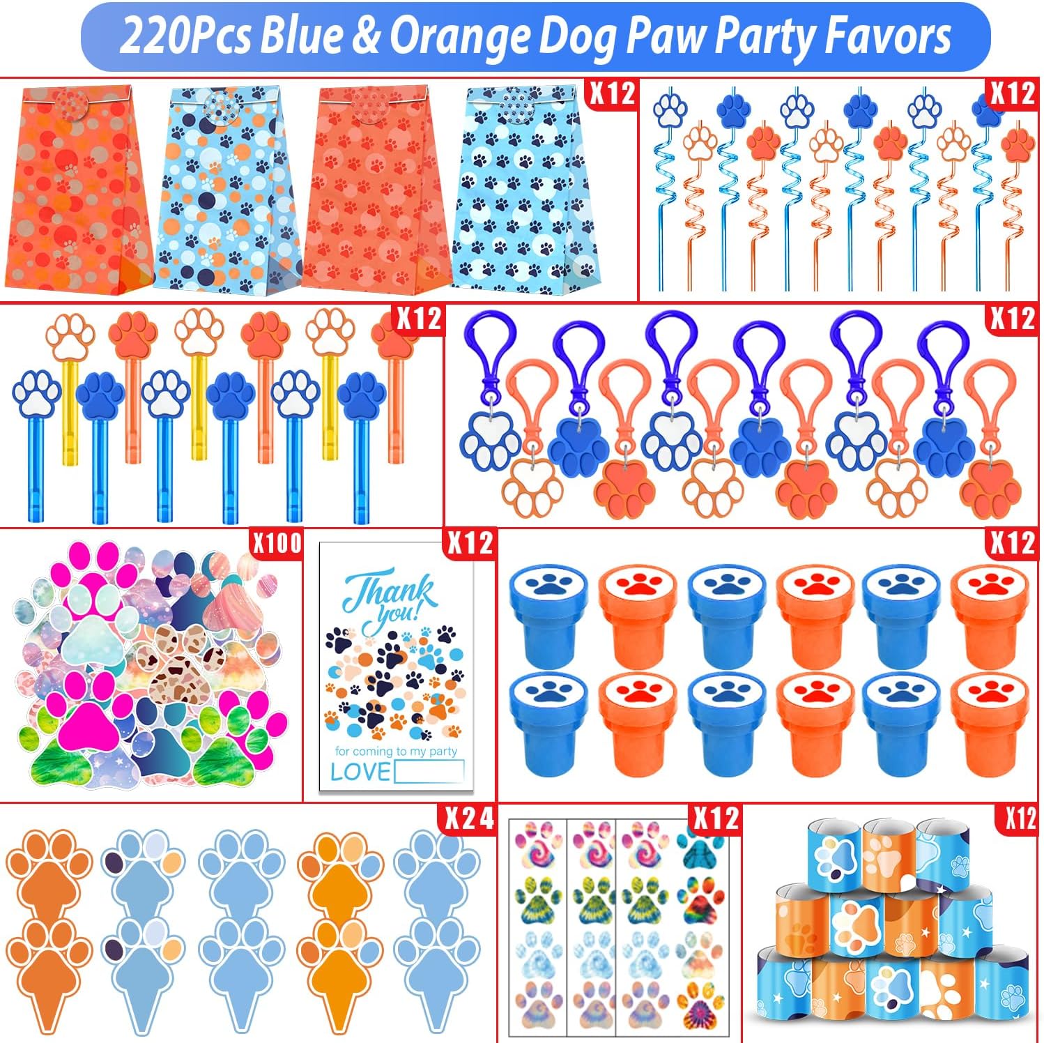 220PCS Blue and Orange Dog Paw Print Party Favors for Kids Theme Birthday Party Favors Decorations Supplies Goodie Bag Stuffer Pinata Filler Birthday Gifts - Image 2