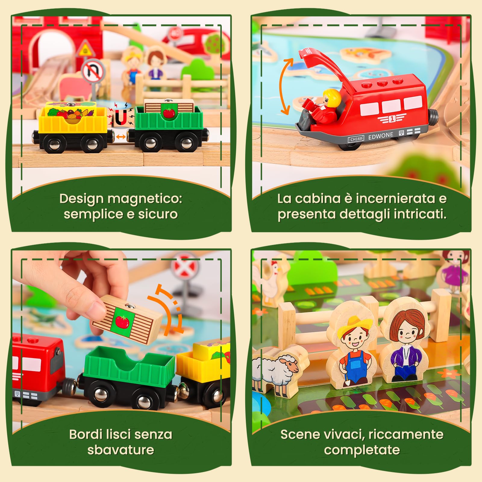 LumenVela Set di Trenino Legno Bambini, 100 Pezzi pista Macchinine Legno Tema Della Fattoria Pista con Trenino, Laghetto, Fattoria e Piccoli Animali per Bambini dai 4 5 6 7 8 Anni