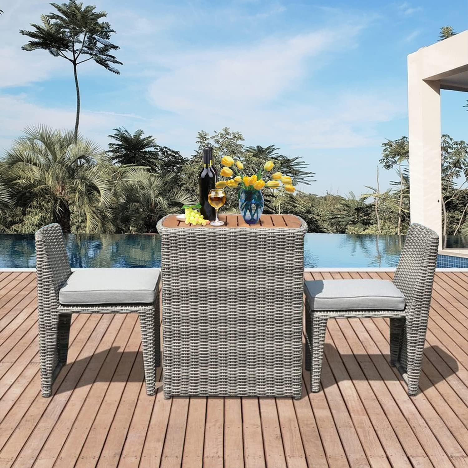 AcePRO 3-Piece Rattan Bistro Set Outdoor Patio with Grey Cushions, NO Assembly : Patio, Lawn & Garden