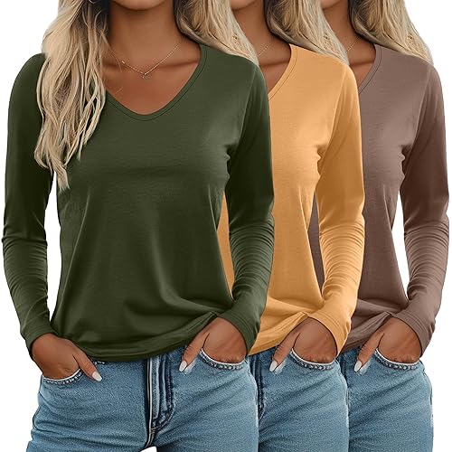 Ficerd 3 Pack Women's Long Sleeve T Shirts, V Neck
