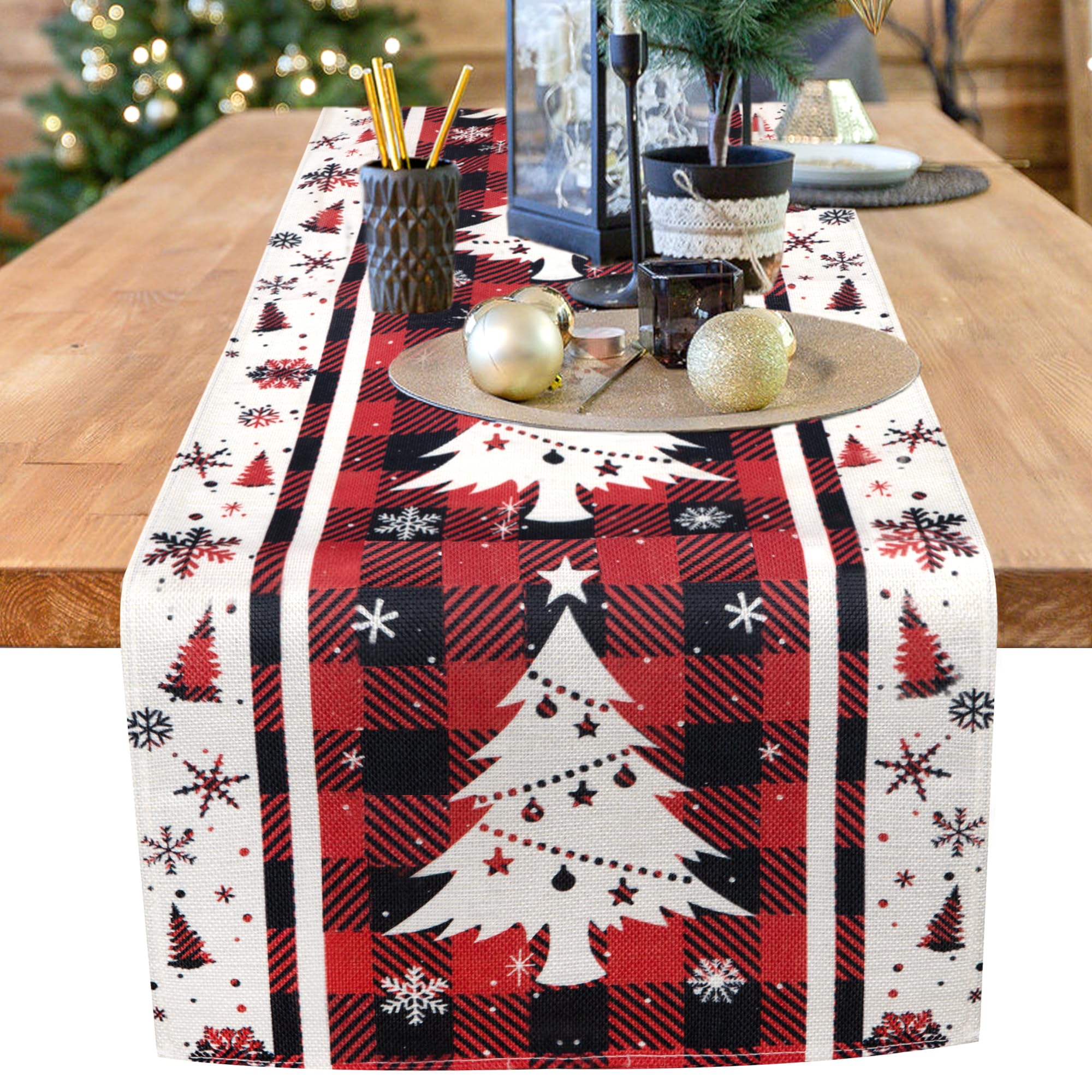 Camino de Mesa Navidad, Mantel Lino para Mesa de Navidad, Decoración de Mesa Patrón Navideño Bordado Algodón Rojo para Decoración, Mesa de Cena Navidad, Fiesta