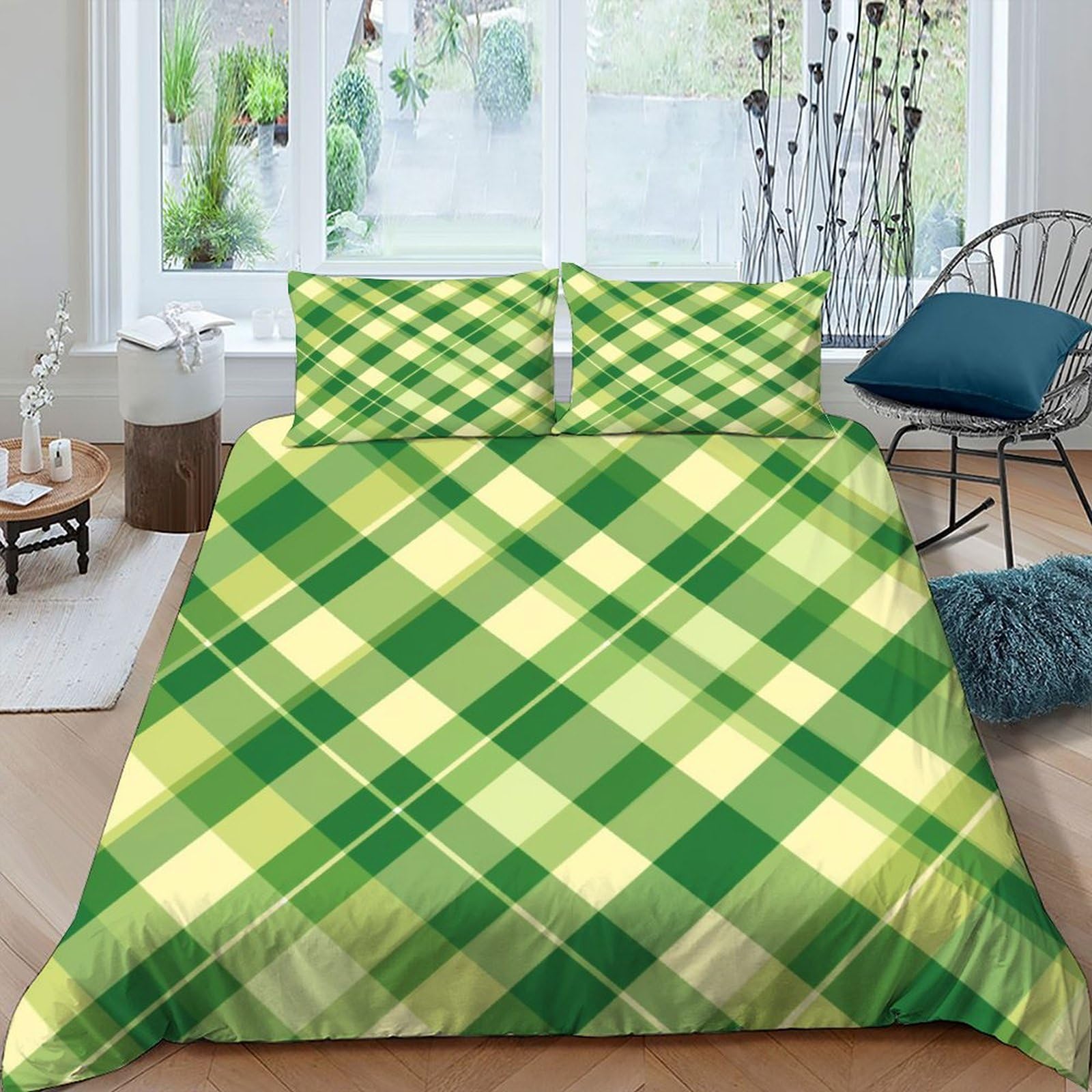Housse de couette checkerboard verte pour chambre ado et adulte moderne
