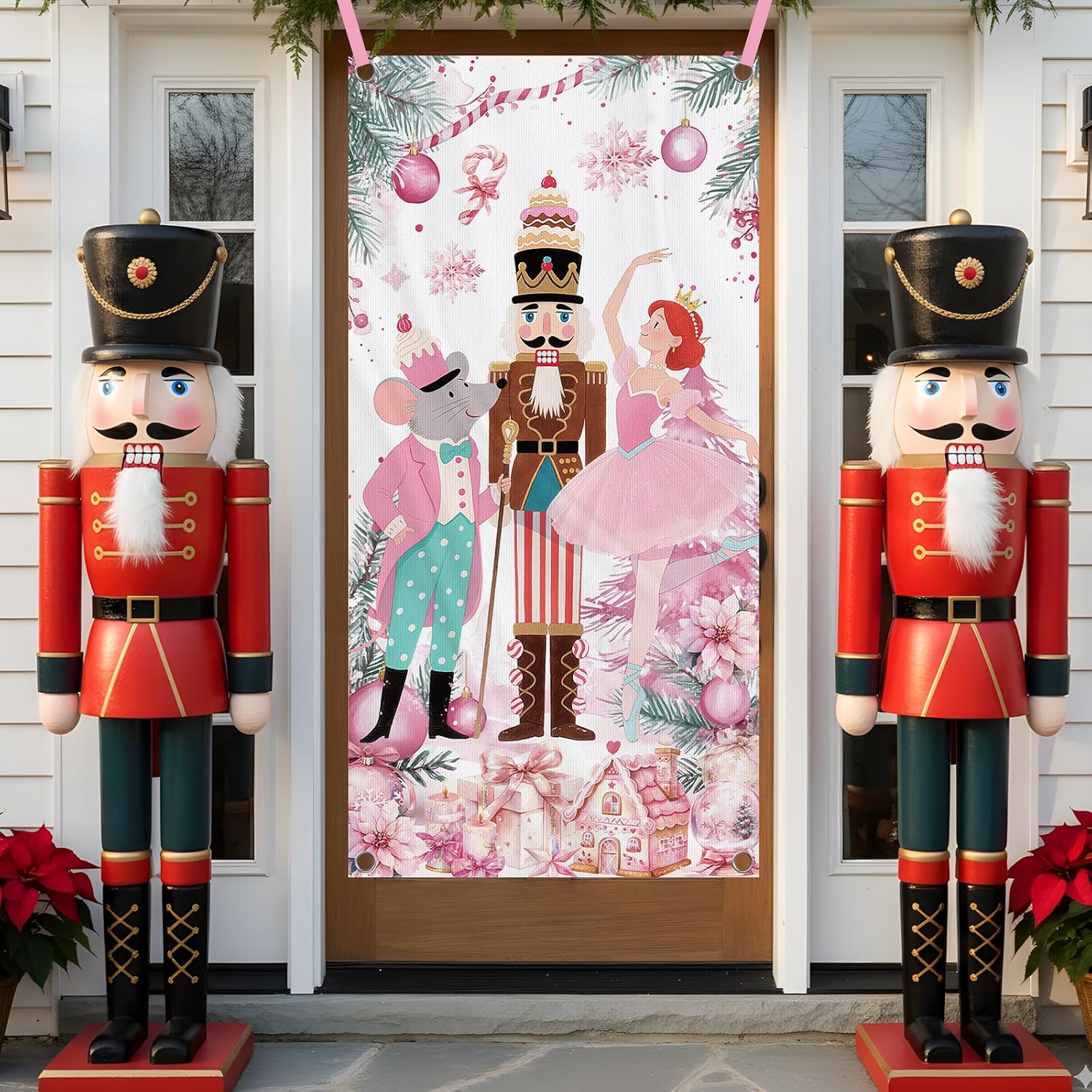 Gingerbread Christmas Door Cover, 35 x 71 Inches Happy Xmas Cute Gingerbread House Front Door Backdrop Banner Decoration, Candyland Porch Banner for Winter Holiday Party Supplies