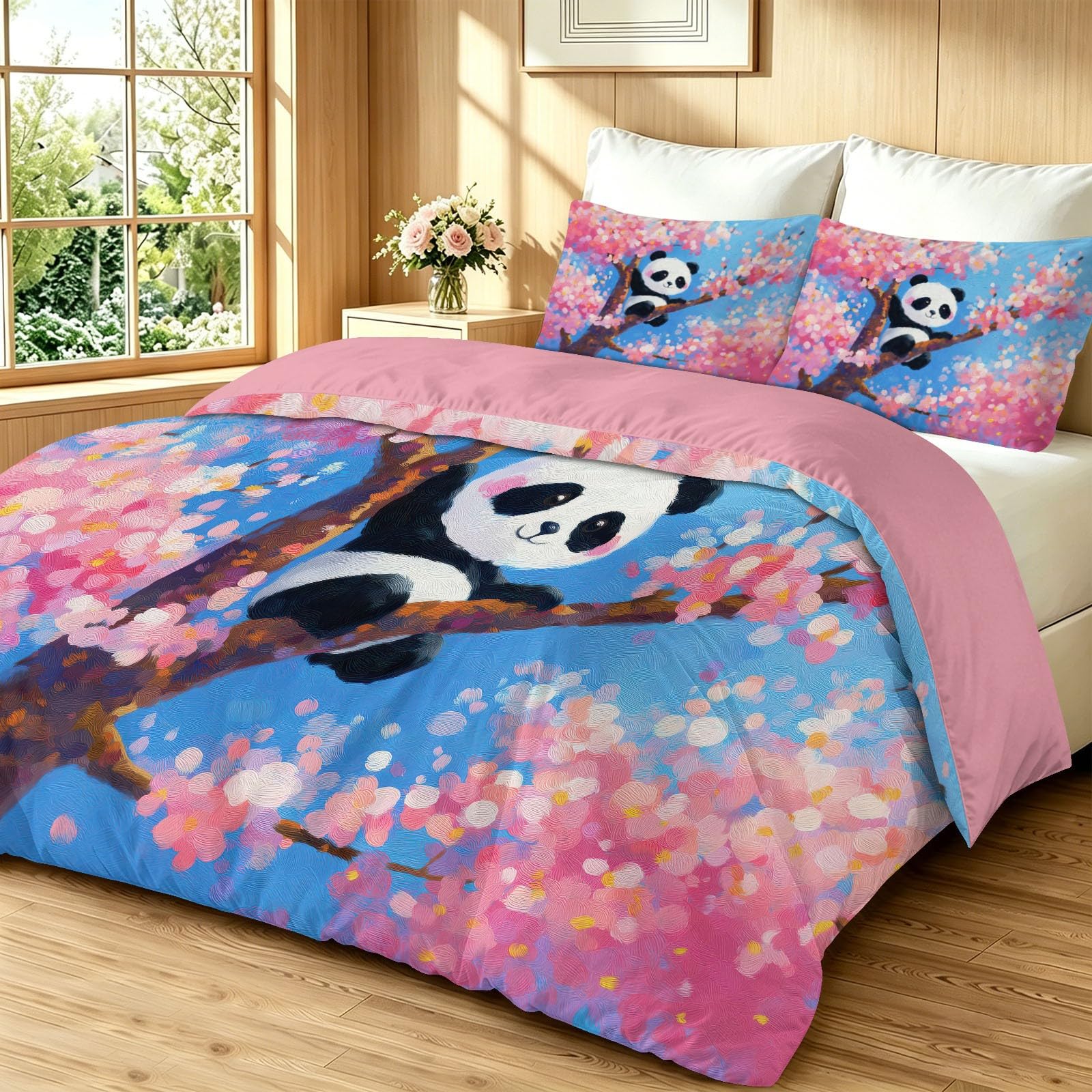 Juego de funda nórdica con diseño de animales y flores, cómodo juego de cama para niños, adolescentes y niñas, funda de edredón transpirable con diseño de panda, flor de cerezo, 200 x 200 cm, funda