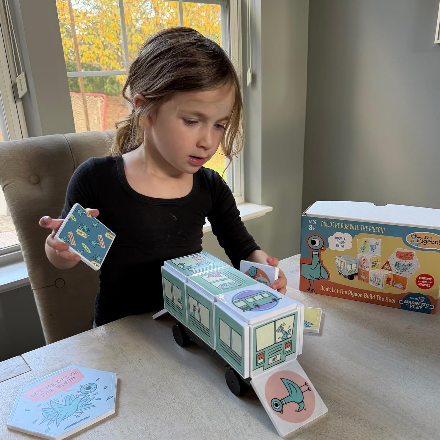 CreateOn Mo Willems - Don't Let the Pigeon Drive the Bus Magnetic Tiles, Magnetic Toy, Travel Toys, Classroom Sensory Toy Blocks, STEM & Montessori Tools for Boys & Girls Ages 3+ (16 Pieces)