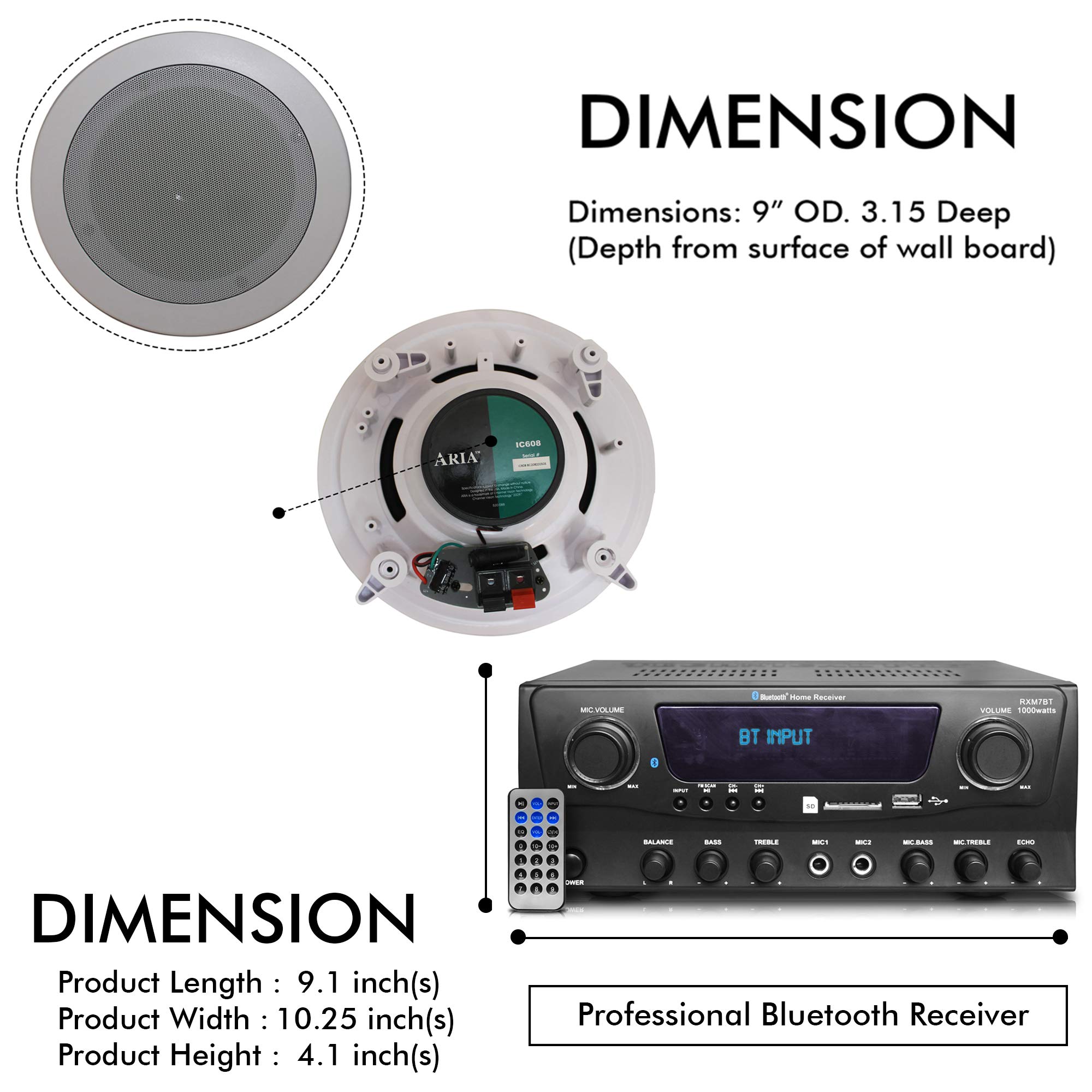 2-Ch 1000 Watts Bluetooth Home Amplifier System Receiver w/USB and SD (Qty 4) 6.5 Flush Mount in-Wall/in-Ceiling Stereo Speakers