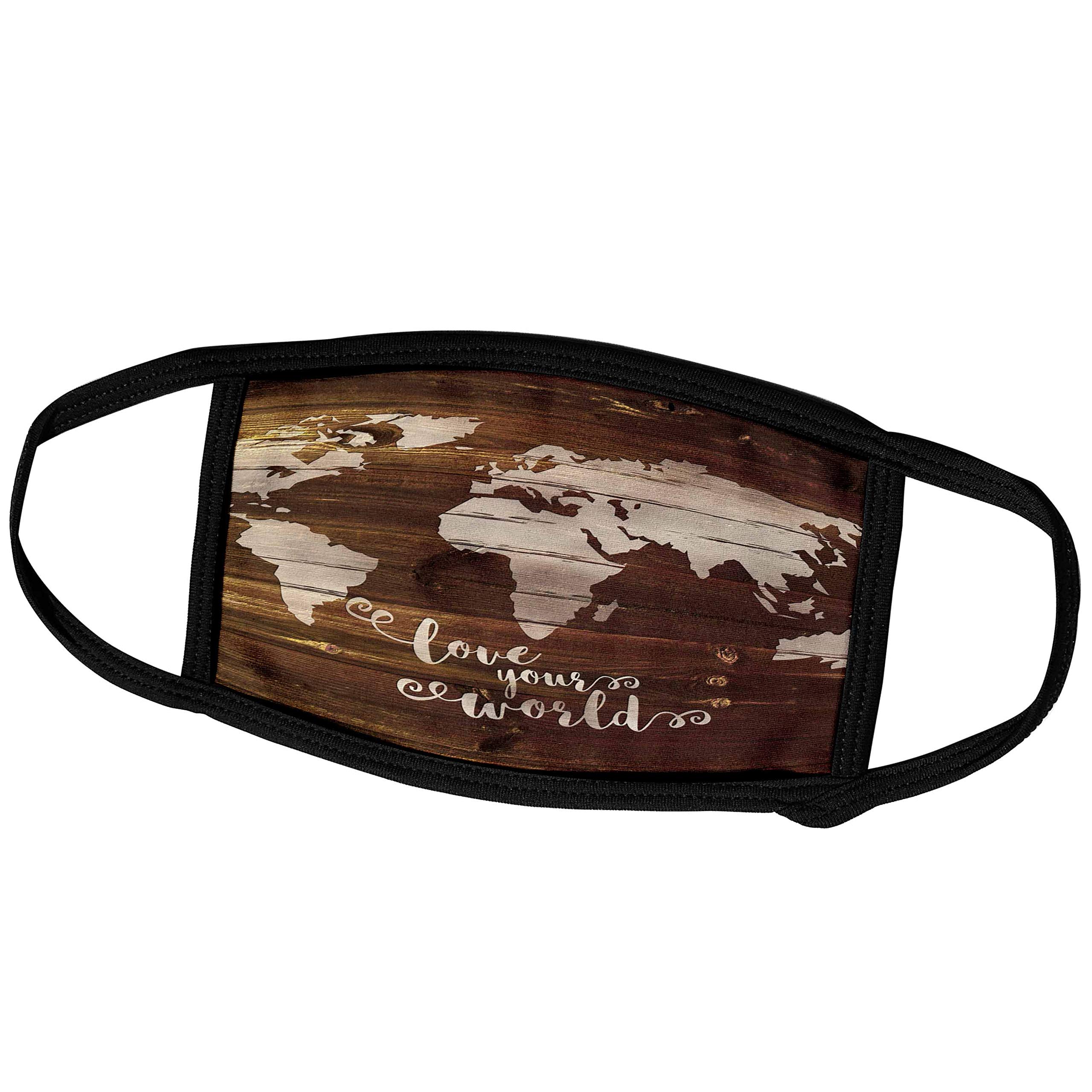 3dRose Russ Billington Designs - Love Your World- White Paint on Brown Wood Effect- Not Real Wood - Face Masks (fm_261907_3)