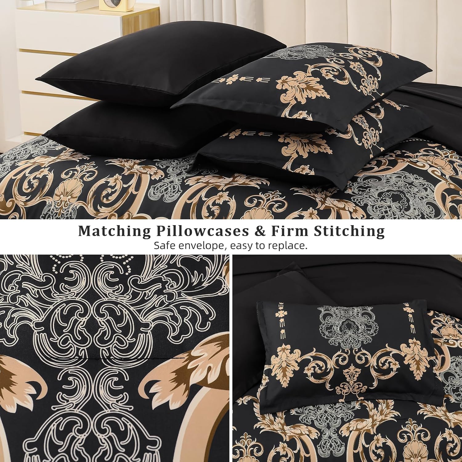 Mybedsoul Black Queen Comforter Set, 7 Pieces Gold Boho Bed in a Bag for Queen Bed, Damask Comforter with Sheets Pillowcases, Soft Microfiber Lightweight Bedding Sets for All Season(90"x90") - Image 5