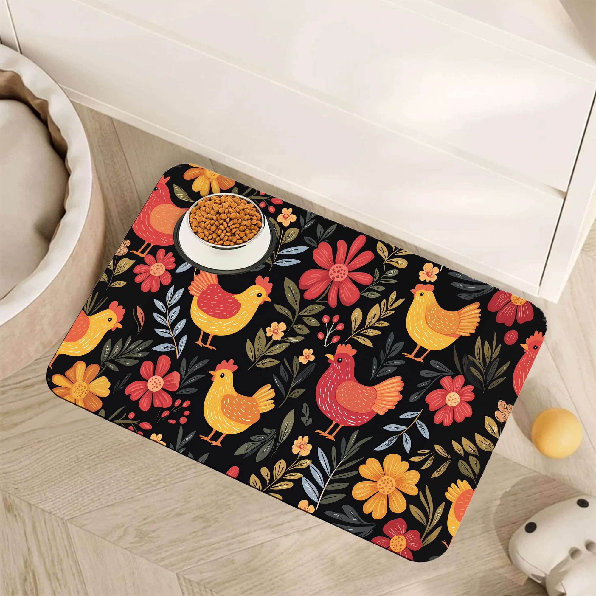 Chicken Rooster Hen Flower Meadow Dog Cat Food Mat,Absorbent Pet Feeding Mat with Rubber Backing,Non-Slip Water Bowl Placemat,Indoor Pet Accessories Supplies 16"x24"