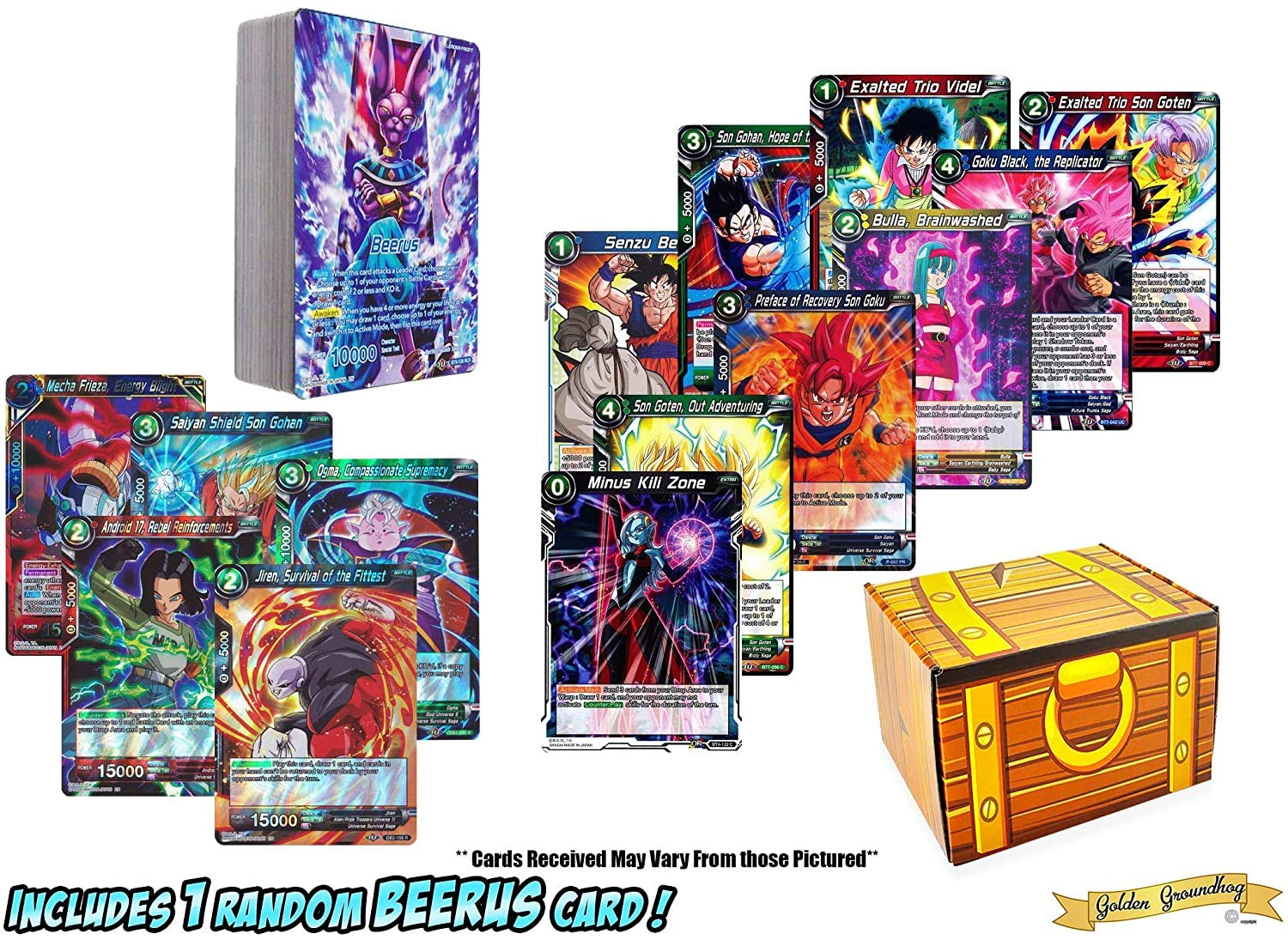 Buy 50 Dragon Ball Super Card Lot Featuring a Random Beerus Character Card!  Includes a Golden Groundhog Treasure or Blue Deck Box! Online at Low Prices  in India
