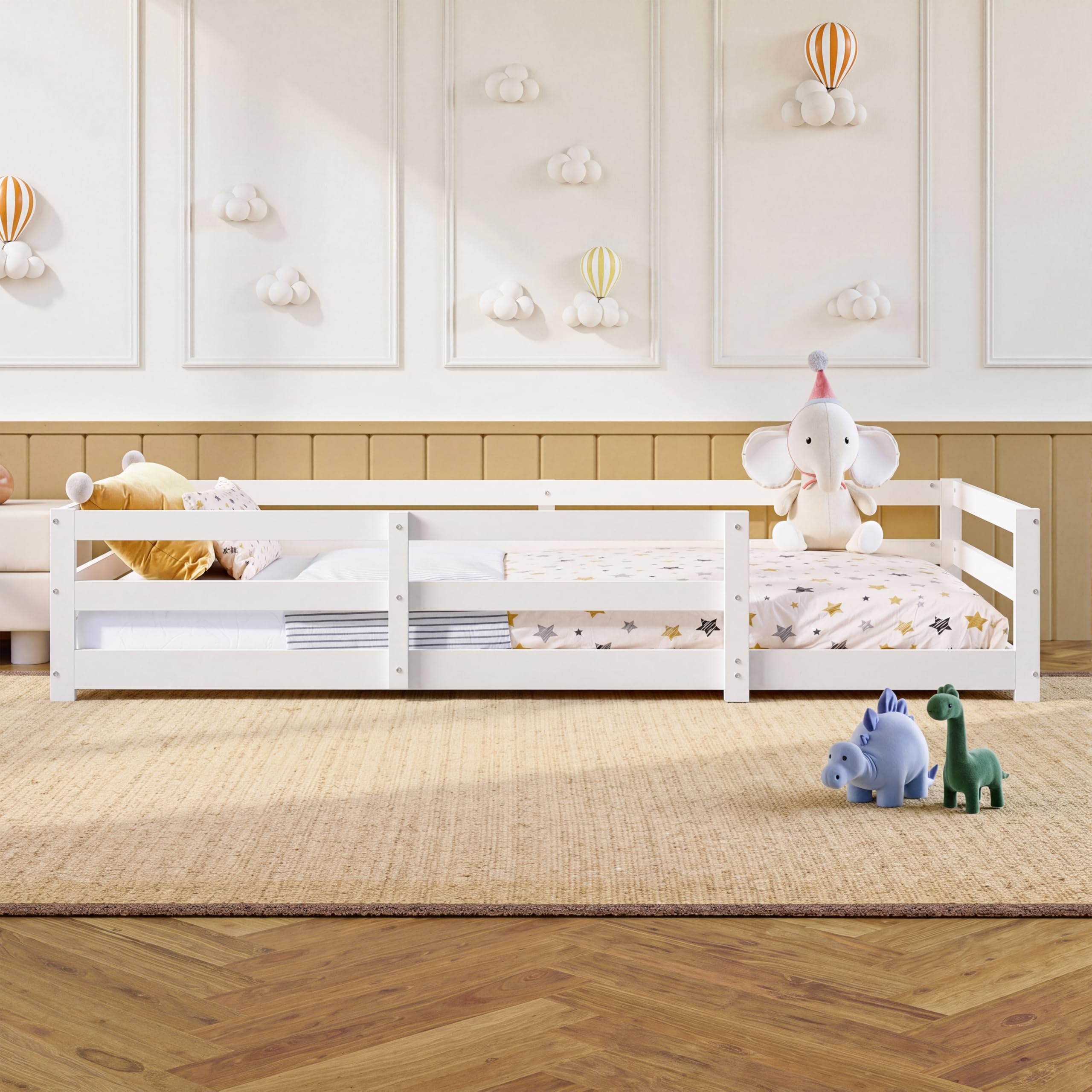 Bodenbett 90x200 cm Kinderbett aus Massivholz mit Rausfallschutz & Lattenrost, Montessori Bett aus Kiefer, Bodenbett Kinder mit offenem Einstieg, Einzelbett in Weiß