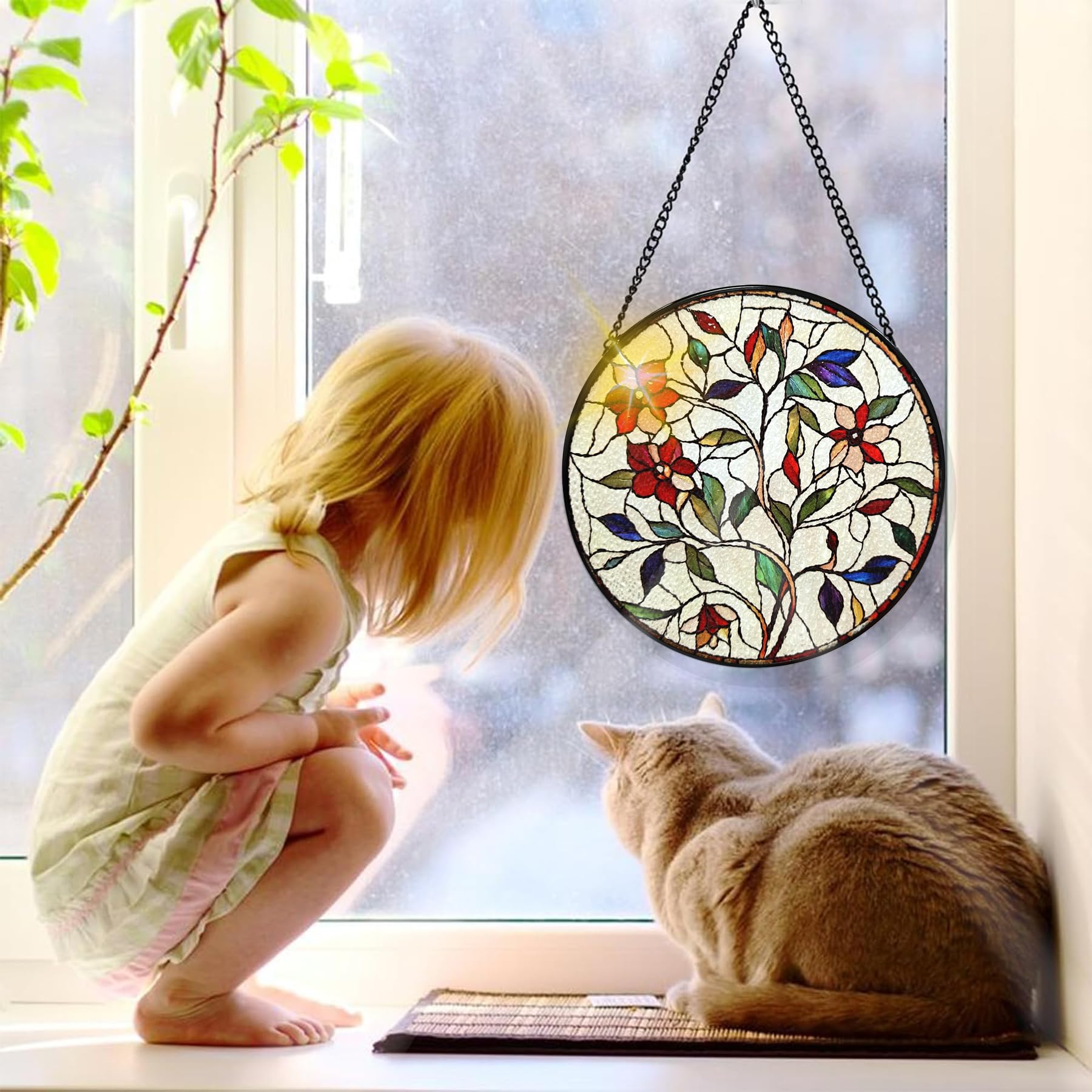 Bimkole Flower Stained Glass Suncatcher Window Hanging, Leaves Design for Indoor Window or Doorway Decoration - Image 4