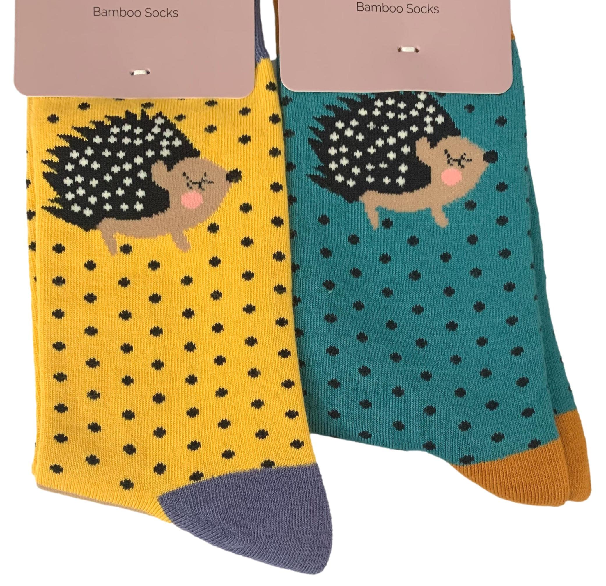 Purple Possum® Hedgehog Socks Ladies Cute Hedgehogs Yellow Teal Blue 2 Pair Pack Bamboo Cotton Blend Womens Socks